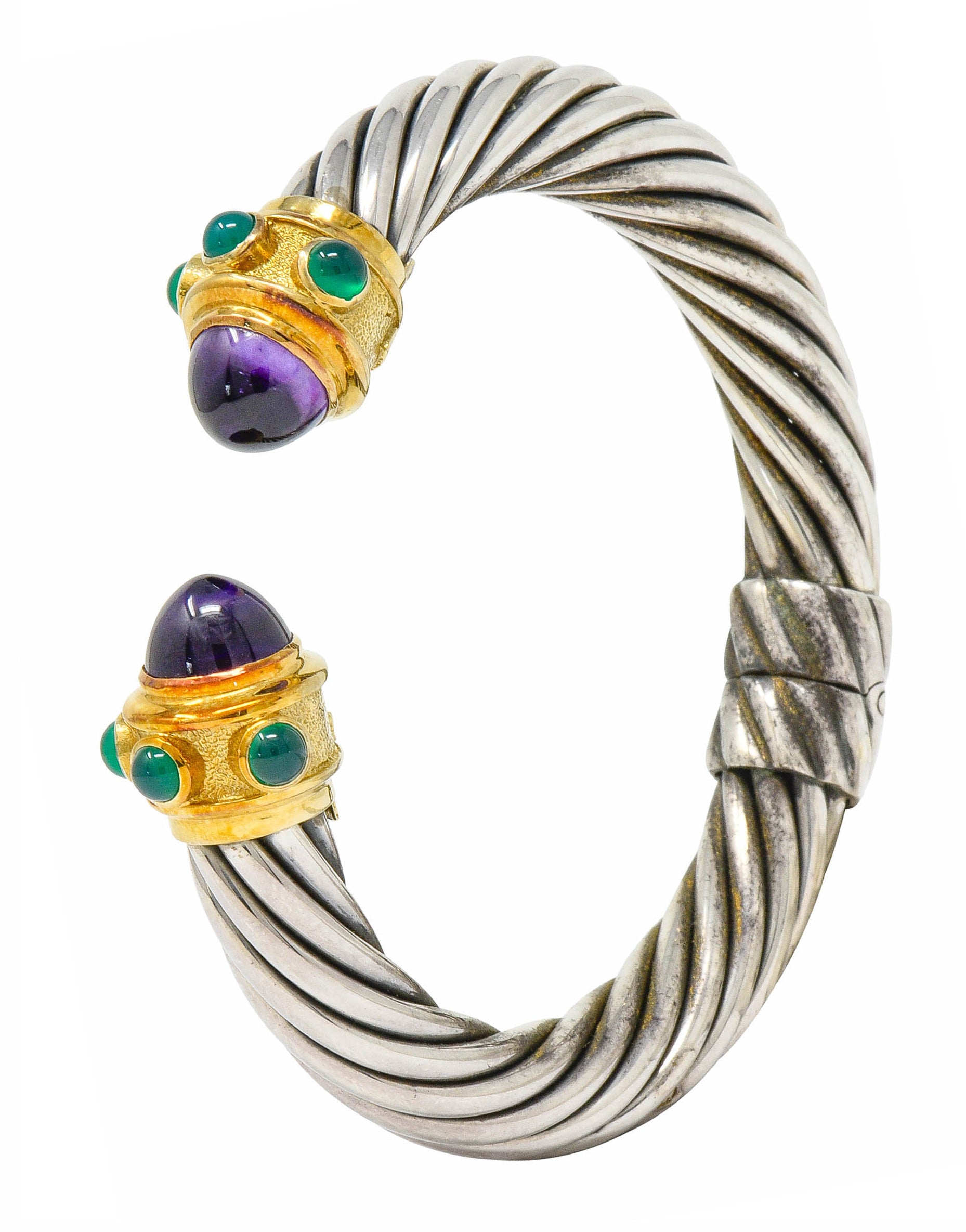 David Yurman Amethyst Chrysoprase Sterling Silver 14 Karat Gold Renaissance Cuff Bracelet - Wilson's Estate Jewelry