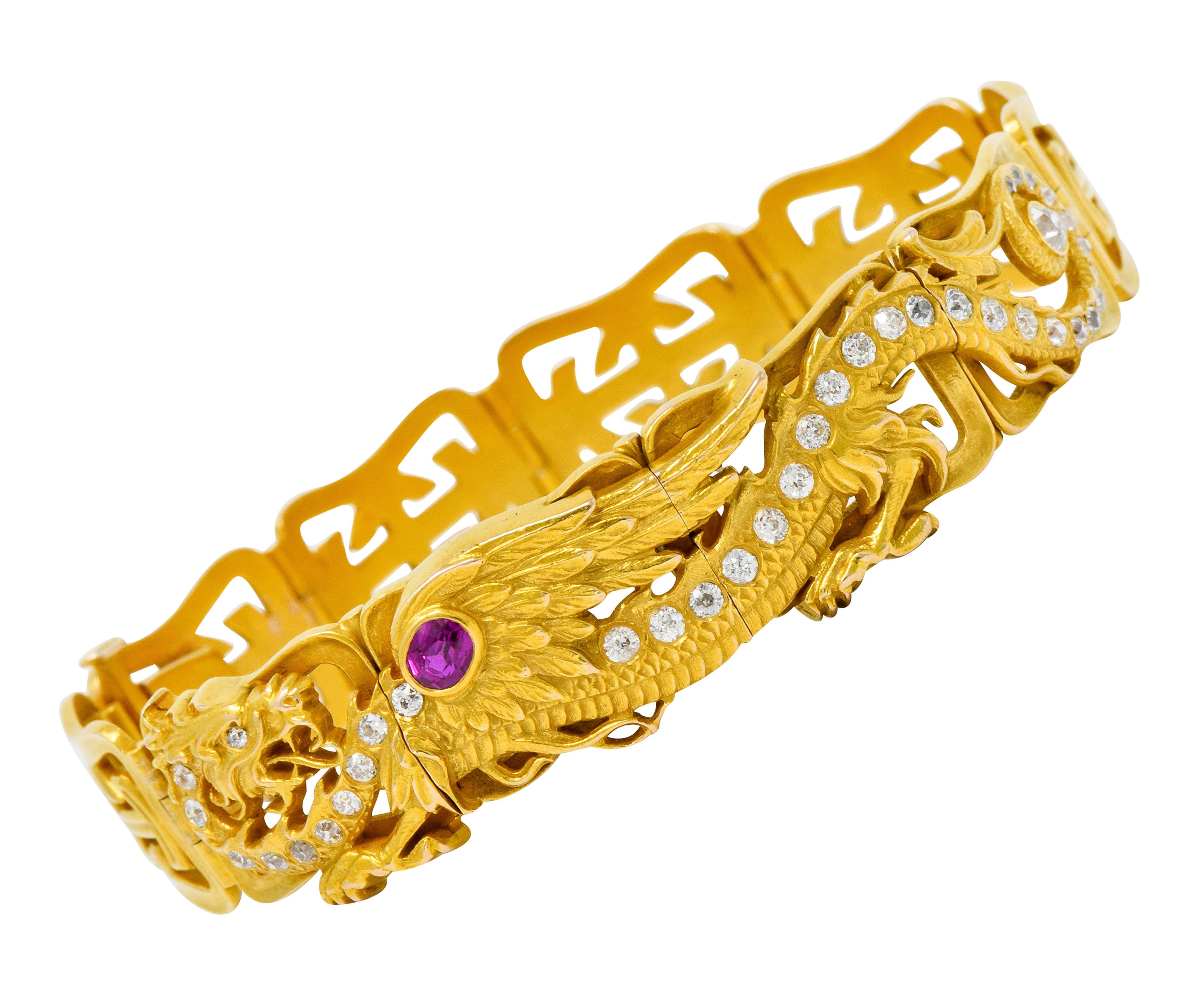 Riker Brothers. Art Nouveau Ruby Diamond 14 Karat Gold Serpent Dragon Bracelet - Wilson's Estate Jewelry