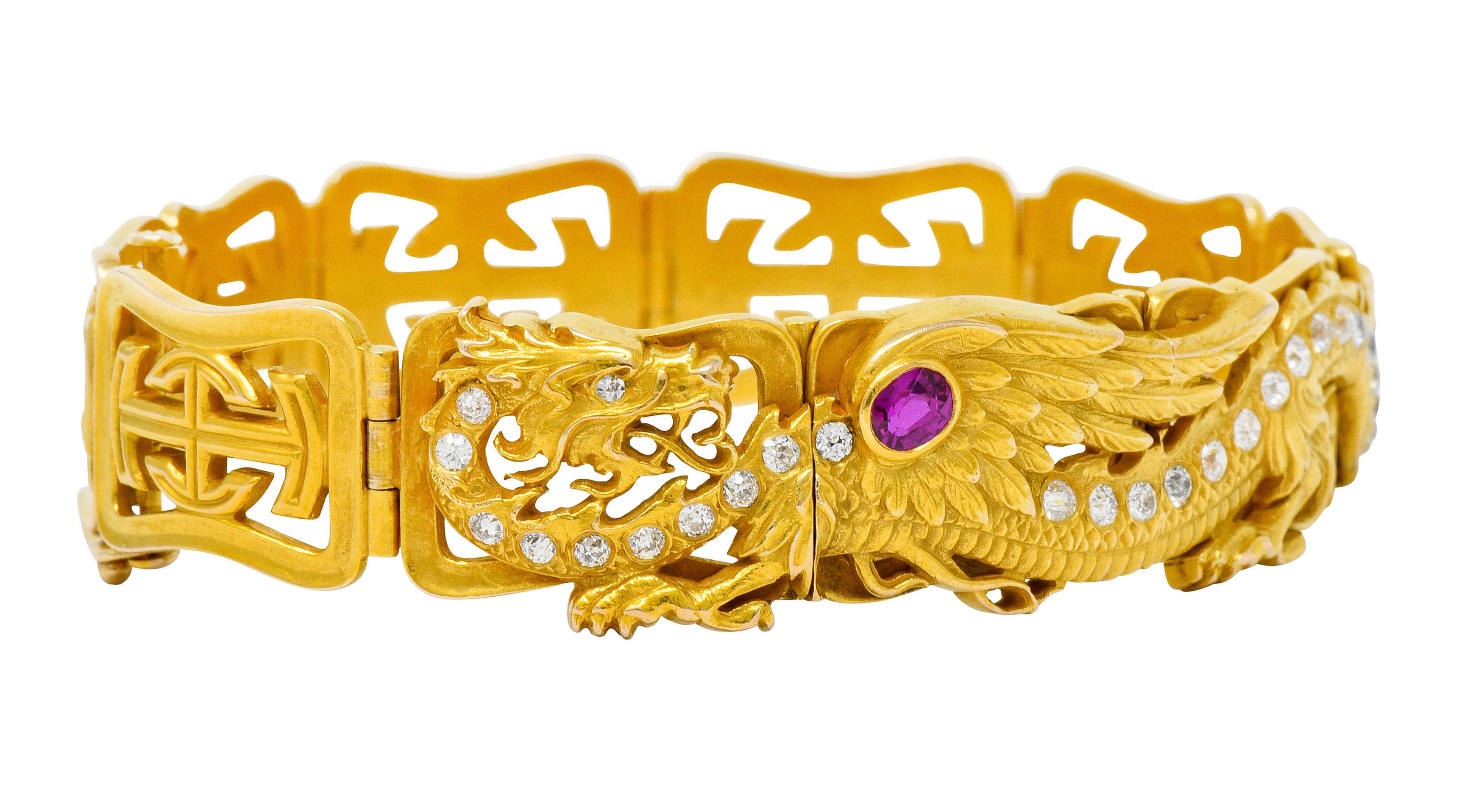 Riker Brothers. Art Nouveau Ruby Diamond 14 Karat Gold Serpent Dragon Bracelet - Wilson's Estate Jewelry