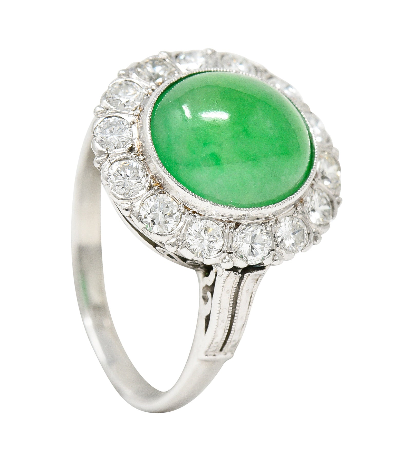 Art Deco Diamond Natural Jade Cabochon Platinum Scrolling Vintage Halo Ring GIA Wilson's Estate Jewelry