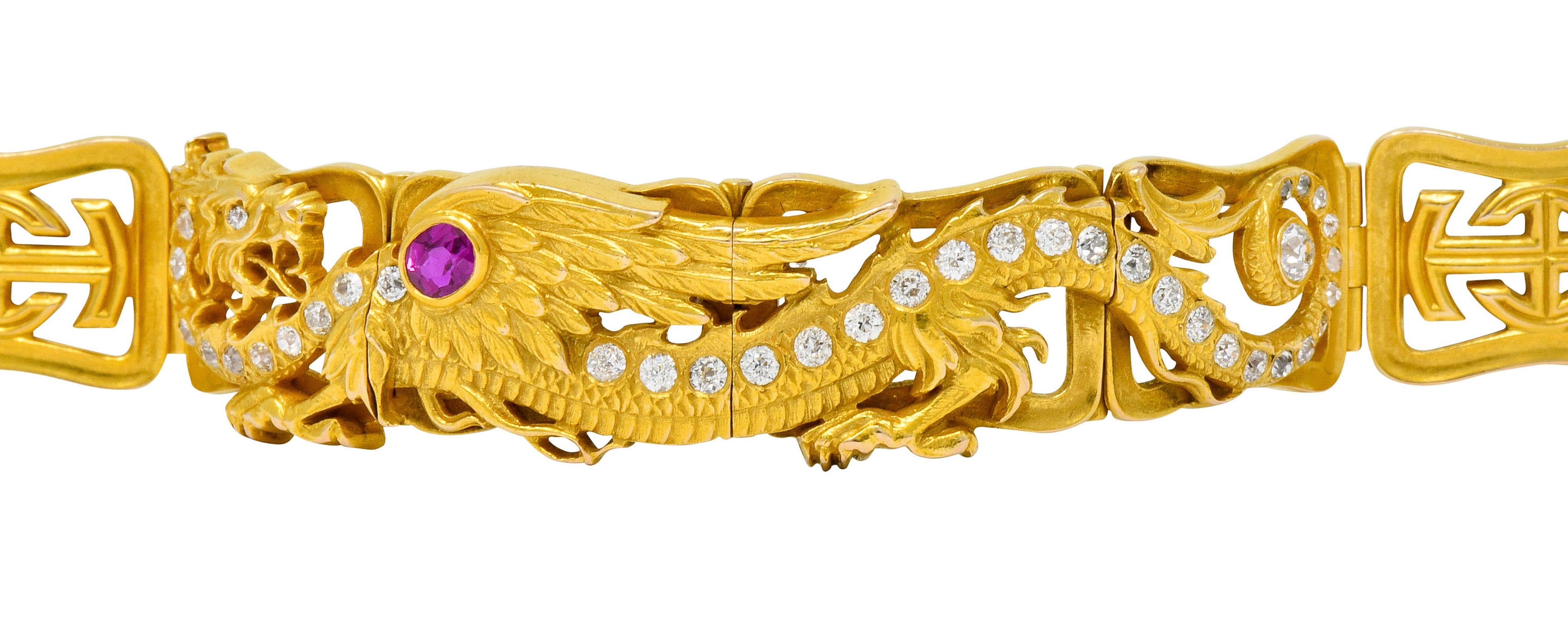 Riker Brothers. Art Nouveau Ruby Diamond 14 Karat Gold Serpent Dragon Bracelet - Wilson's Estate Jewelry