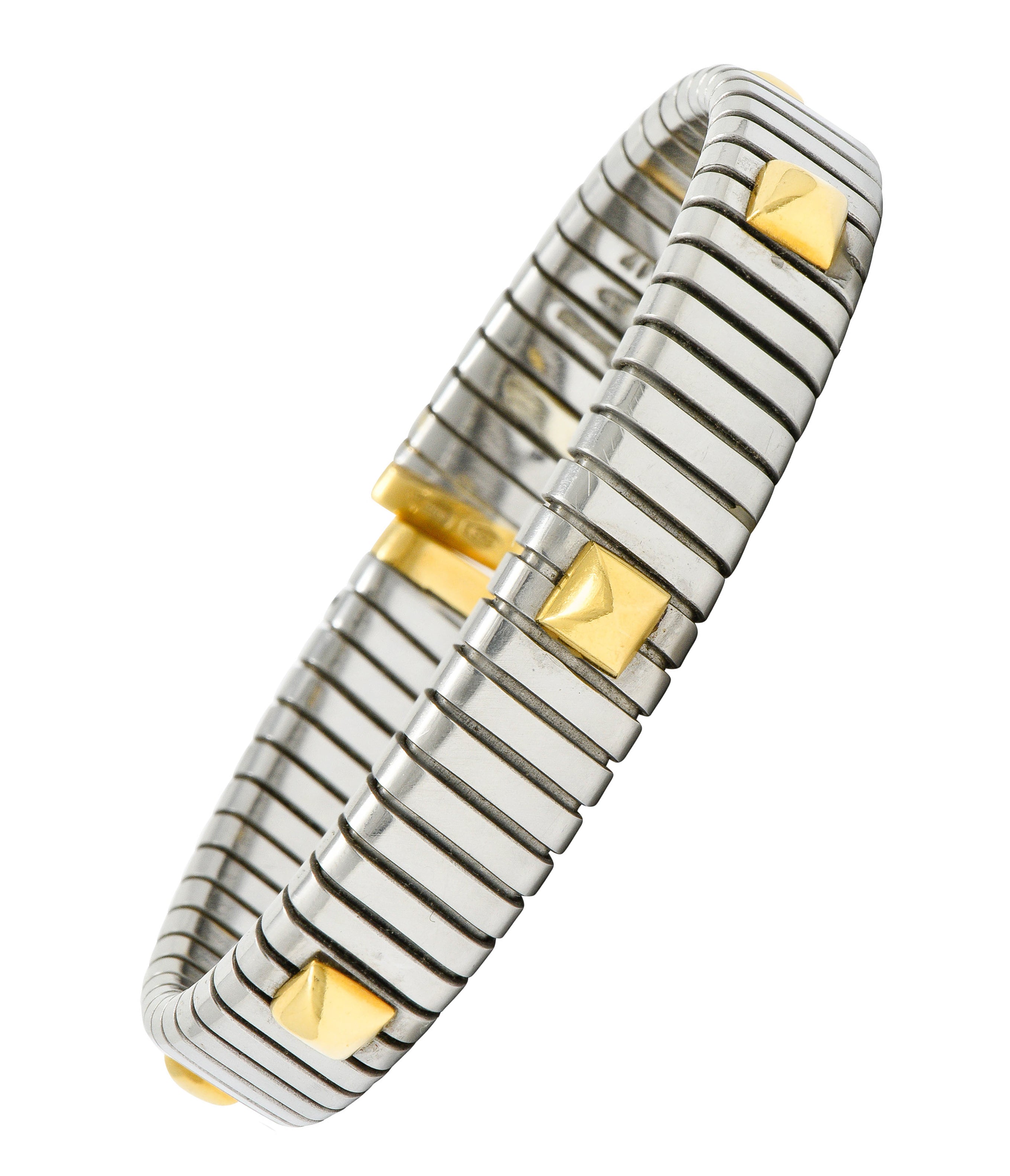 Bulgari 18 Karat Gold Stainless Steel Two-Tone Sugarloaf Tubogas Cuff Braceletbracelet - Wilson's Estate Jewelry