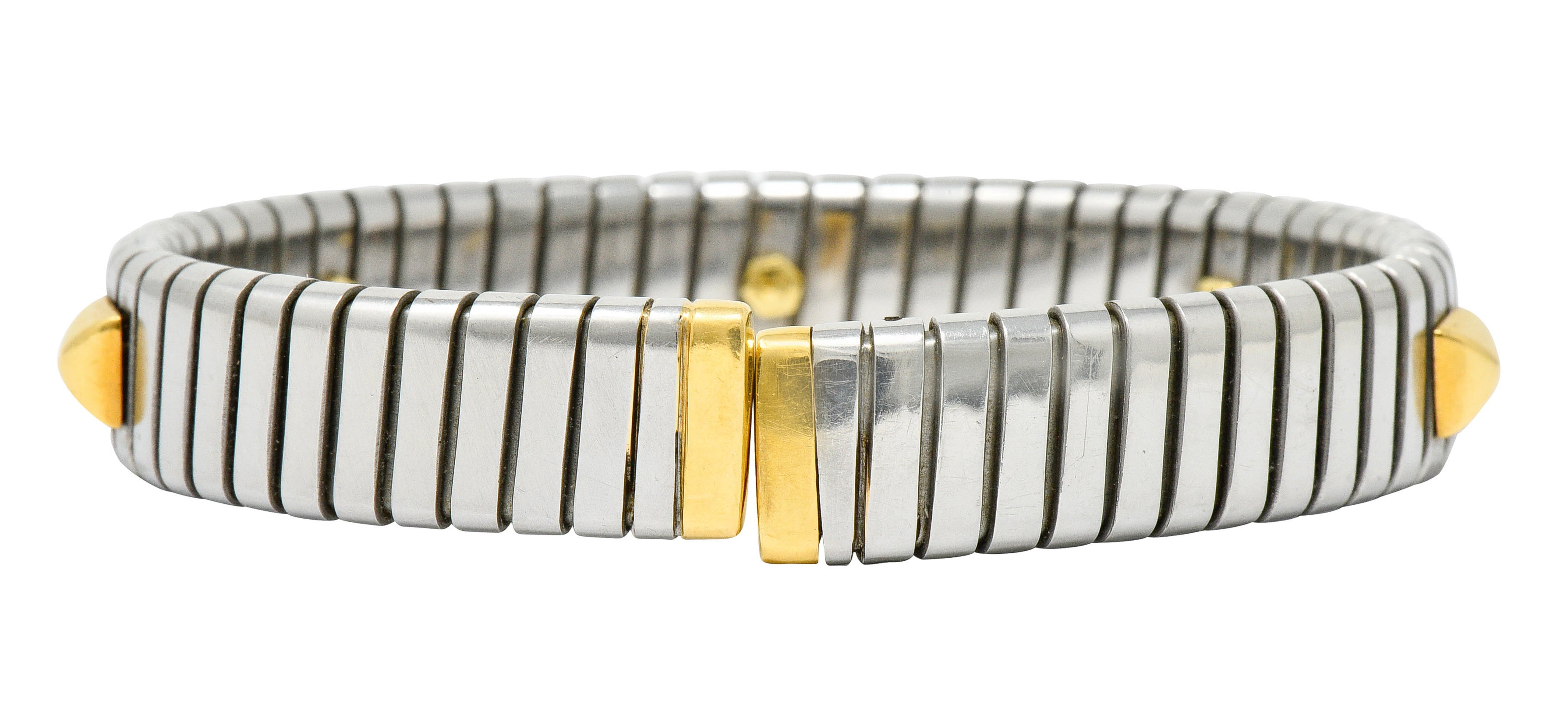 Bulgari 18 Karat Gold Stainless Steel Two-Tone Sugarloaf Tubogas Cuff Braceletbracelet - Wilson's Estate Jewelry