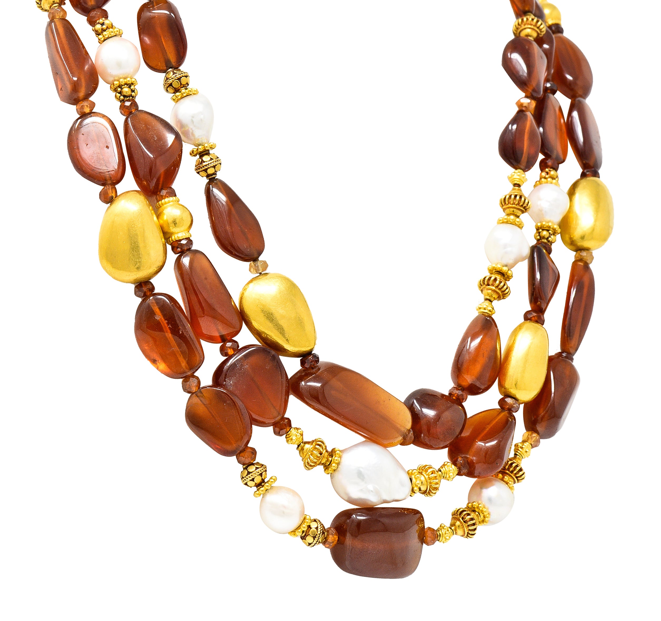 Verdura Hessonite Garnet Baroque Pearl 18 Karat Yellow Gold Vintage Byzantine Bead Necklace Wilson's Estate Jewelry