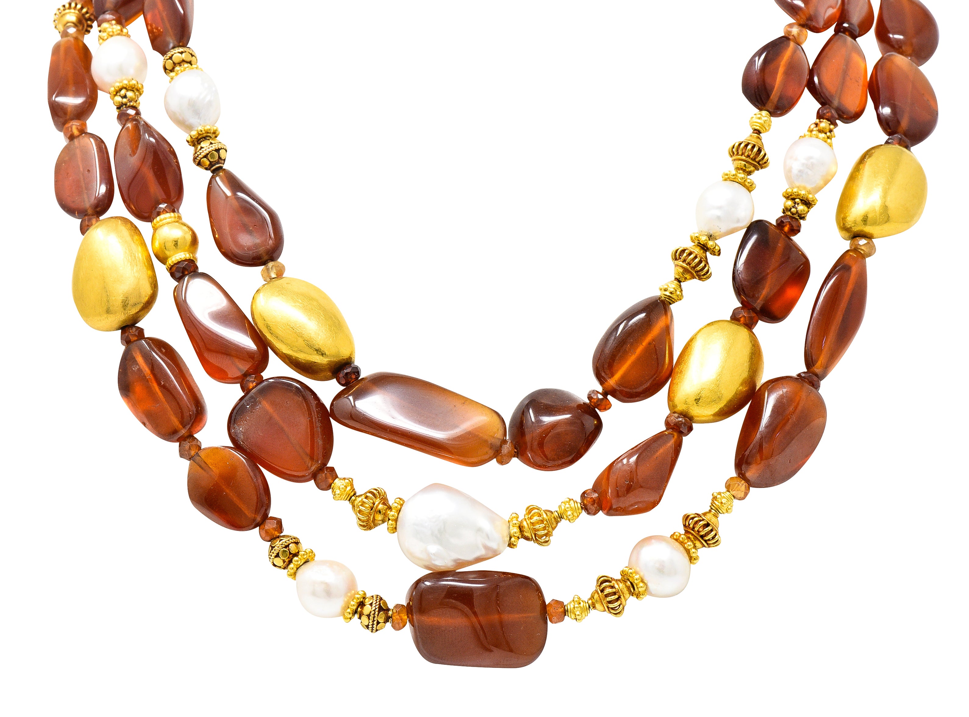 Verdura Hessonite Garnet Baroque Pearl 18 Karat Yellow Gold Vintage Byzantine Bead Necklace Wilson's Estate Jewelry