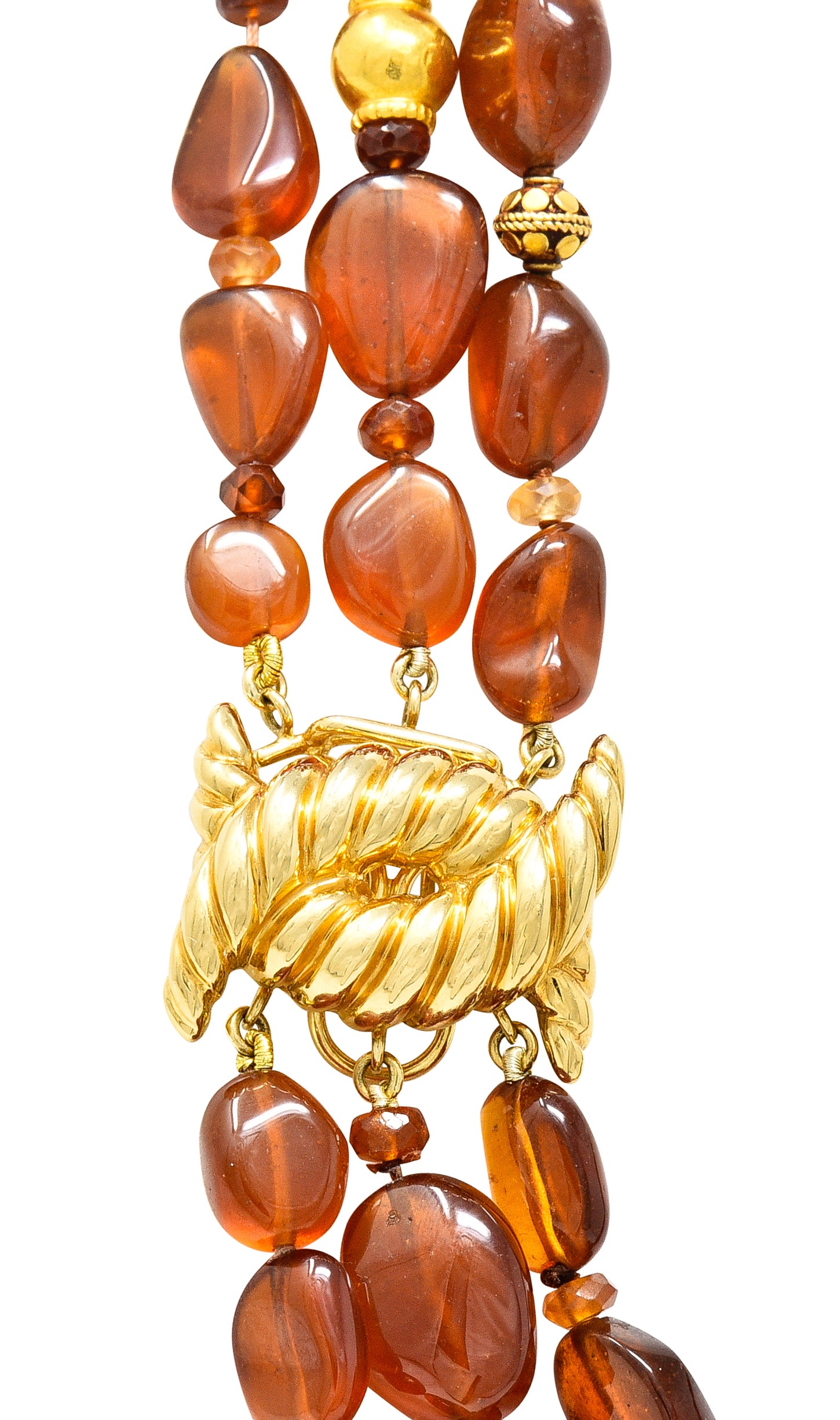 Verdura Hessonite Garnet Baroque Pearl 18 Karat Yellow Gold Vintage Byzantine Bead Necklace Wilson's Estate Jewelry