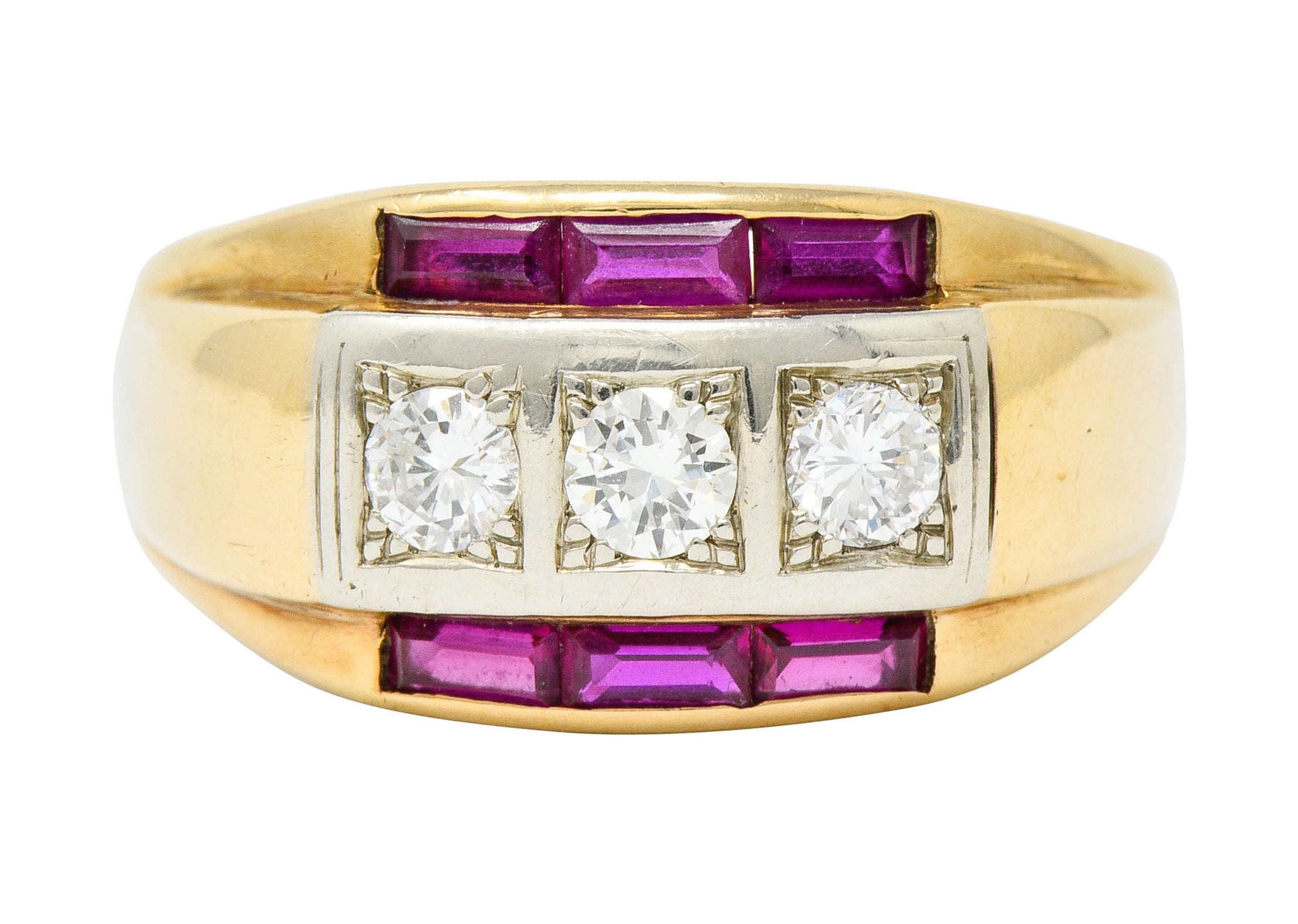 1940's Retro 1.26 CTW Diamond Ruby 14 Karat Two-Tone Band RingRing - Wilson's Estate Jewelry