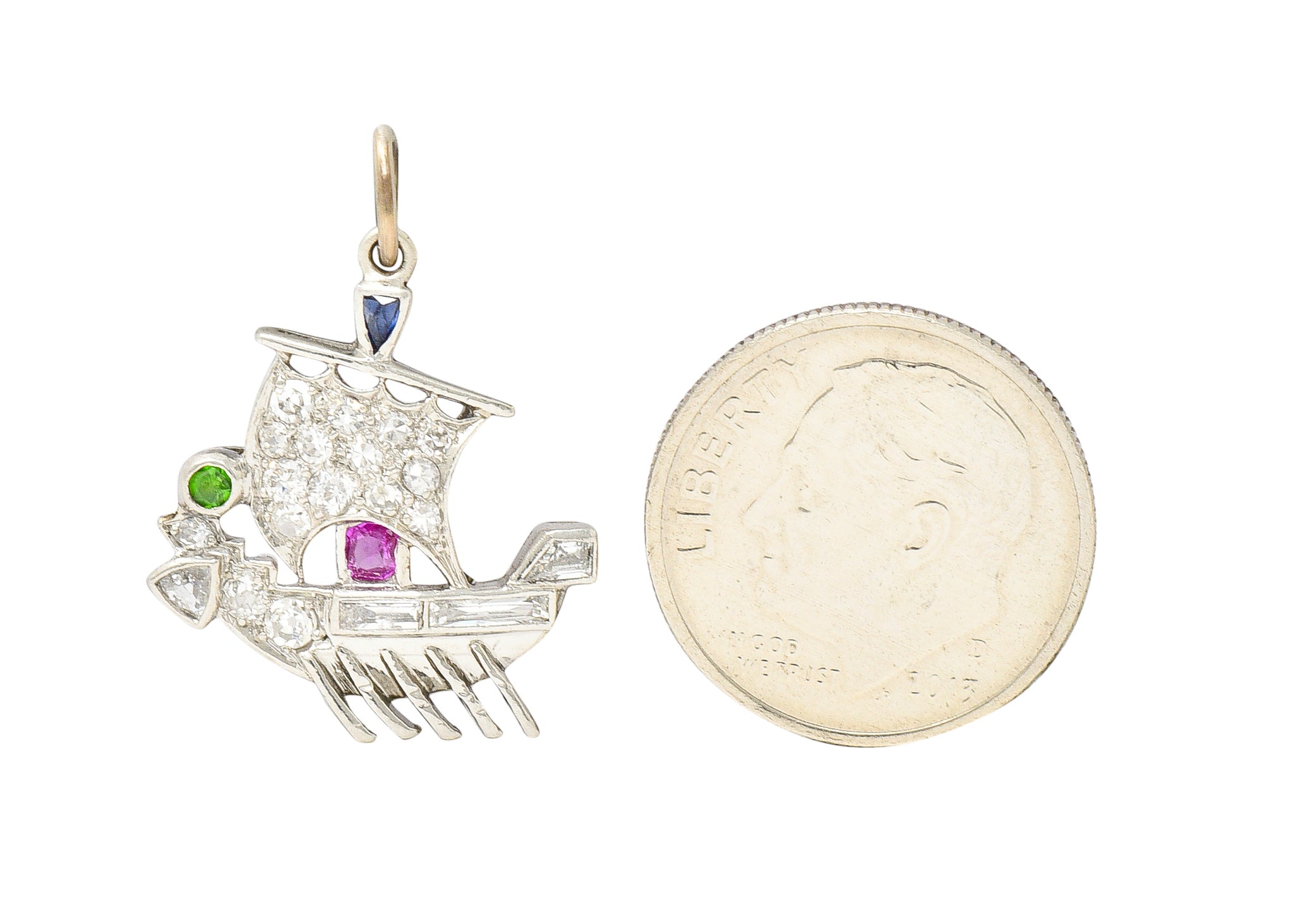 Art Deco Sapphire Ruby Demantoid Garnet Diamond Platinum Viking Ship Charm Wilson's Estate Jewelry