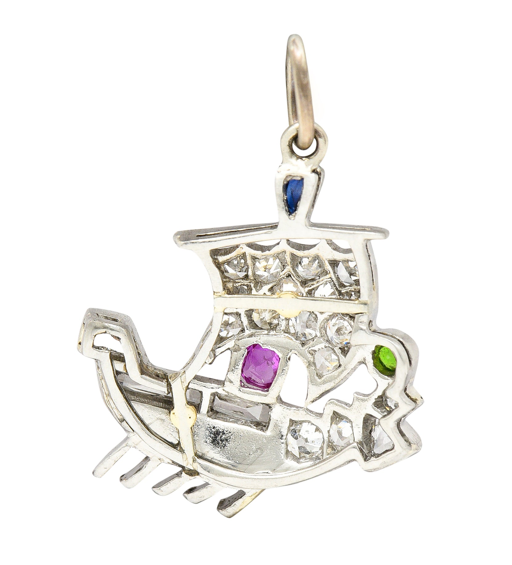 Art Deco Sapphire Ruby Demantoid Garnet Diamond Platinum Viking Ship Charm Wilson's Estate Jewelry