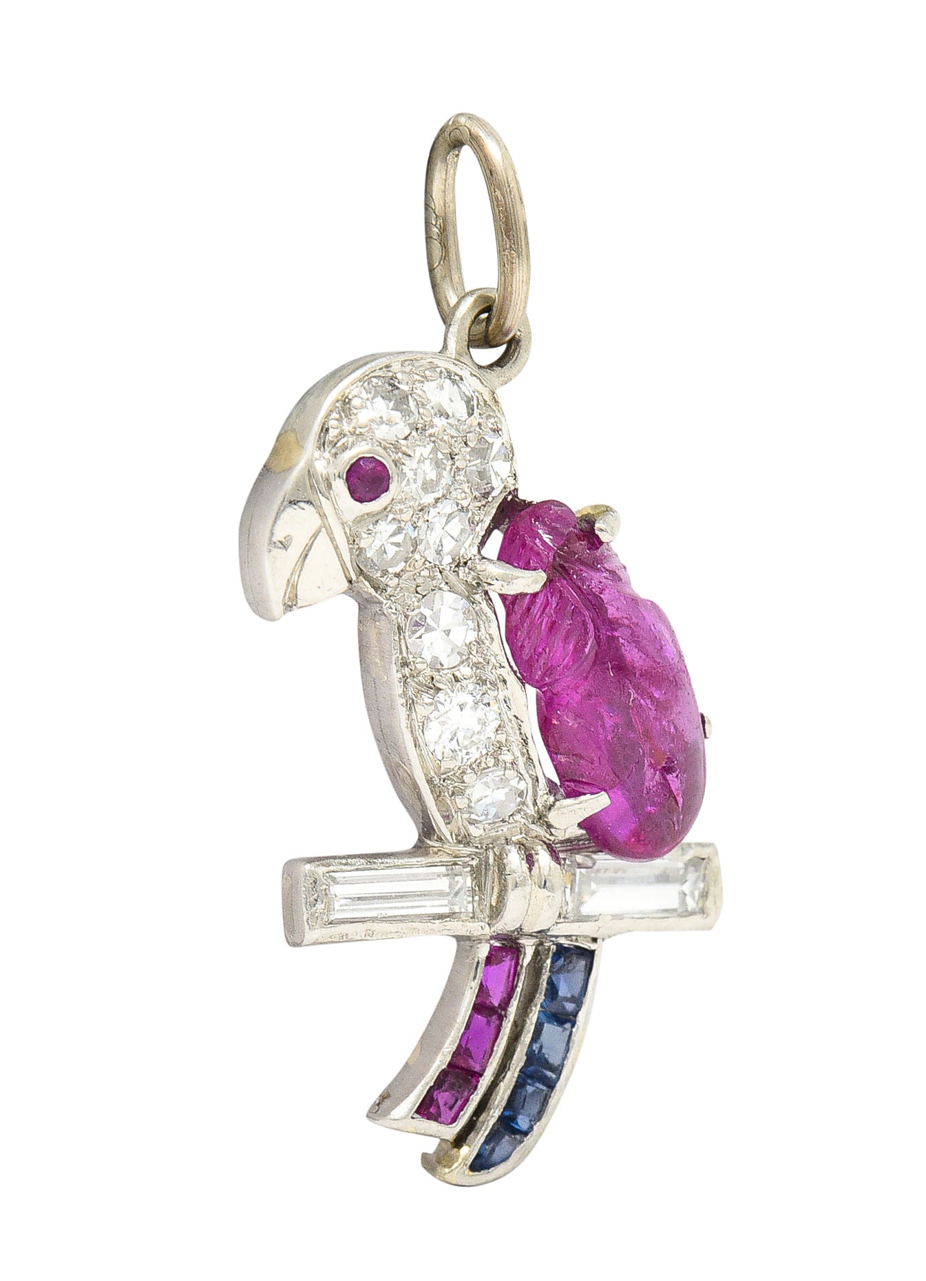 Art Deco Sapphire Ruby Diamond Platinum Parrot Bird Charm Wilson's Estate Jewelry