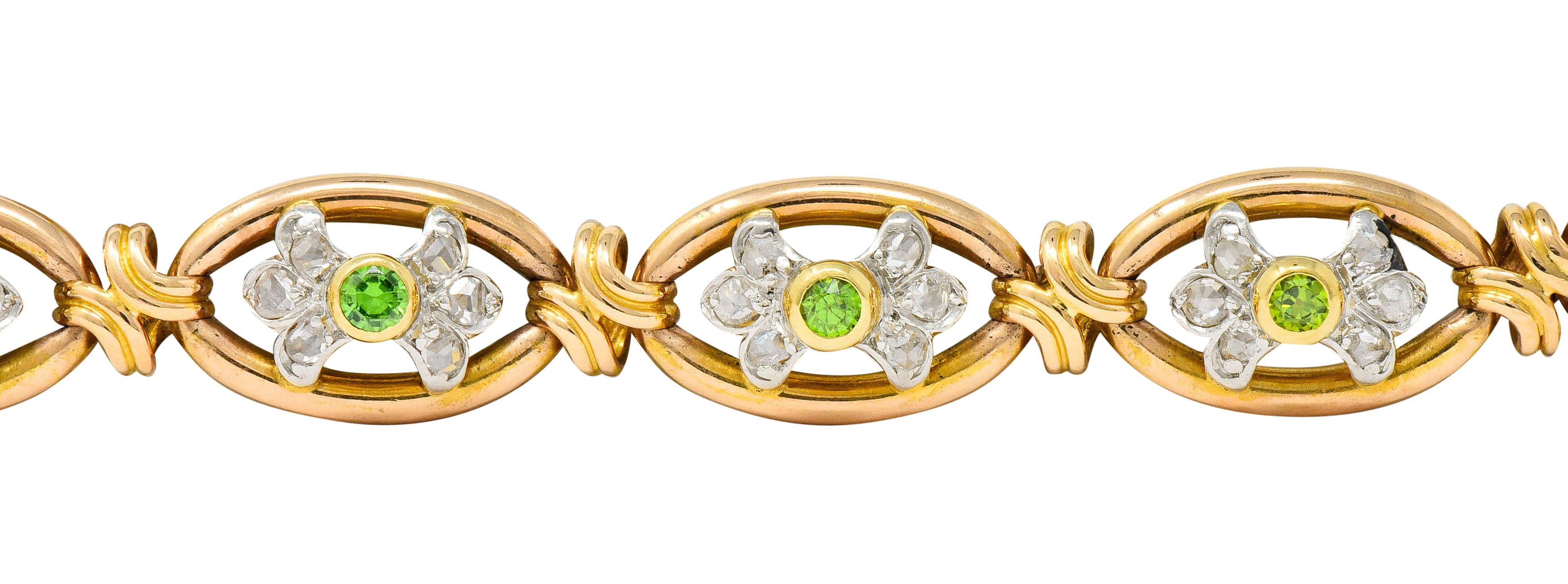 French Edwardian Demantoid Garnet Diamond Platinum-Topped 18 Karat Gold Link Braceletbracelet - Wilson's Estate Jewelry