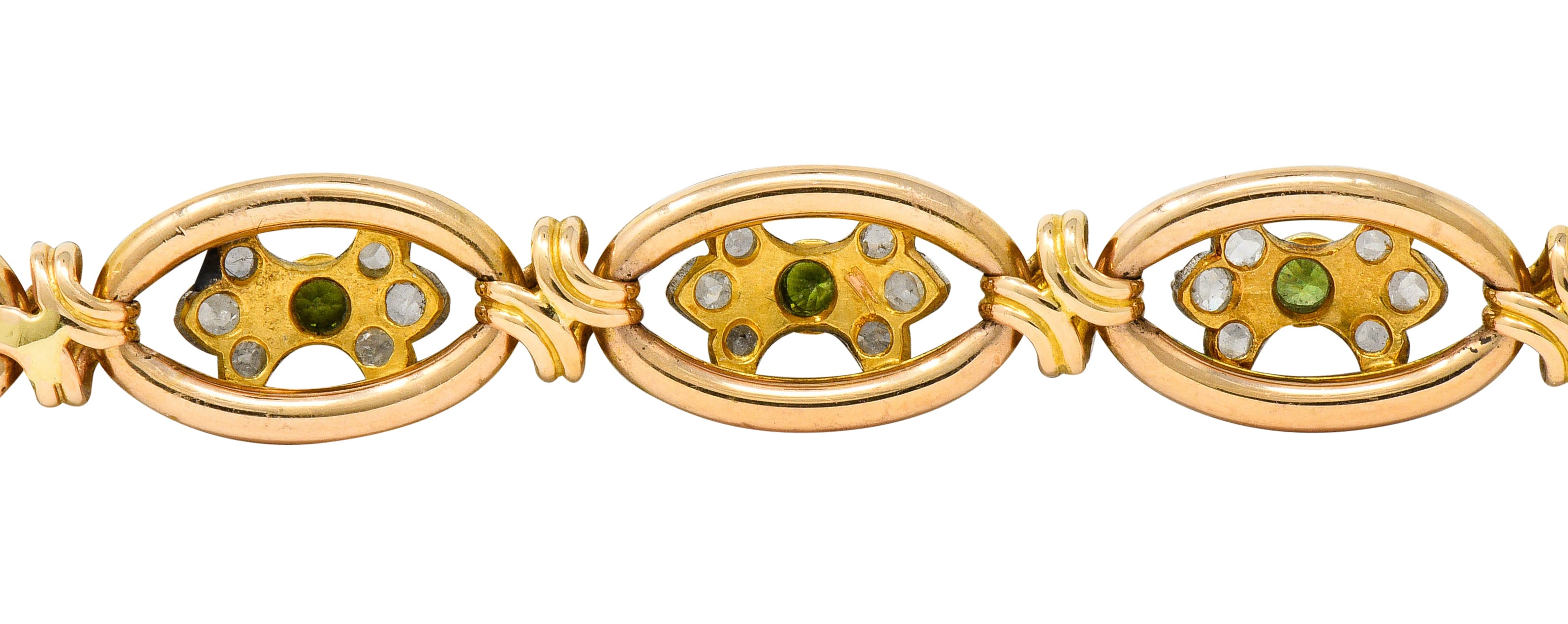 French Edwardian Demantoid Garnet Diamond Platinum-Topped 18 Karat Gold Link Braceletbracelet - Wilson's Estate Jewelry