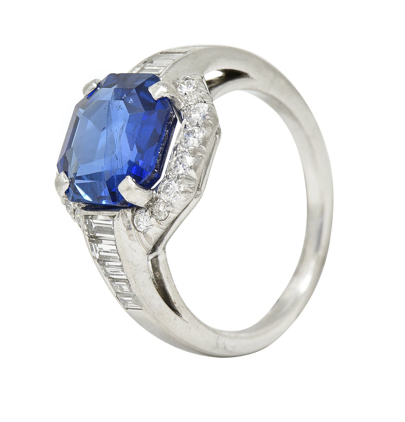 Mid-Century 3.97 CTW No Heat Burma Sapphire Diamond Platinum Cluster Ring AGL