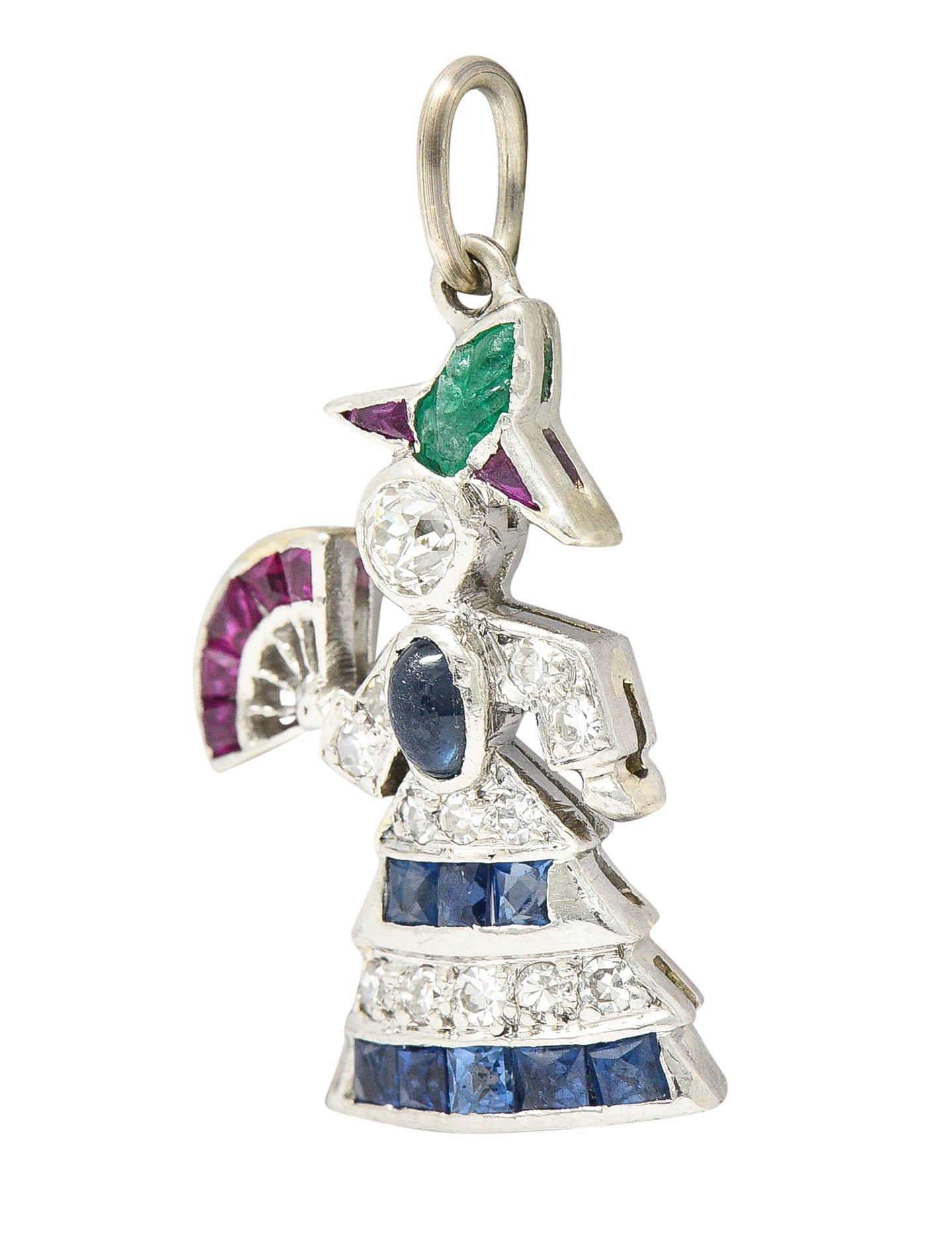 Art Deco Diamond Emerald Sapphire Ruby Platinum Flamenco Dancer Charm Wilson's Estate Jewelry