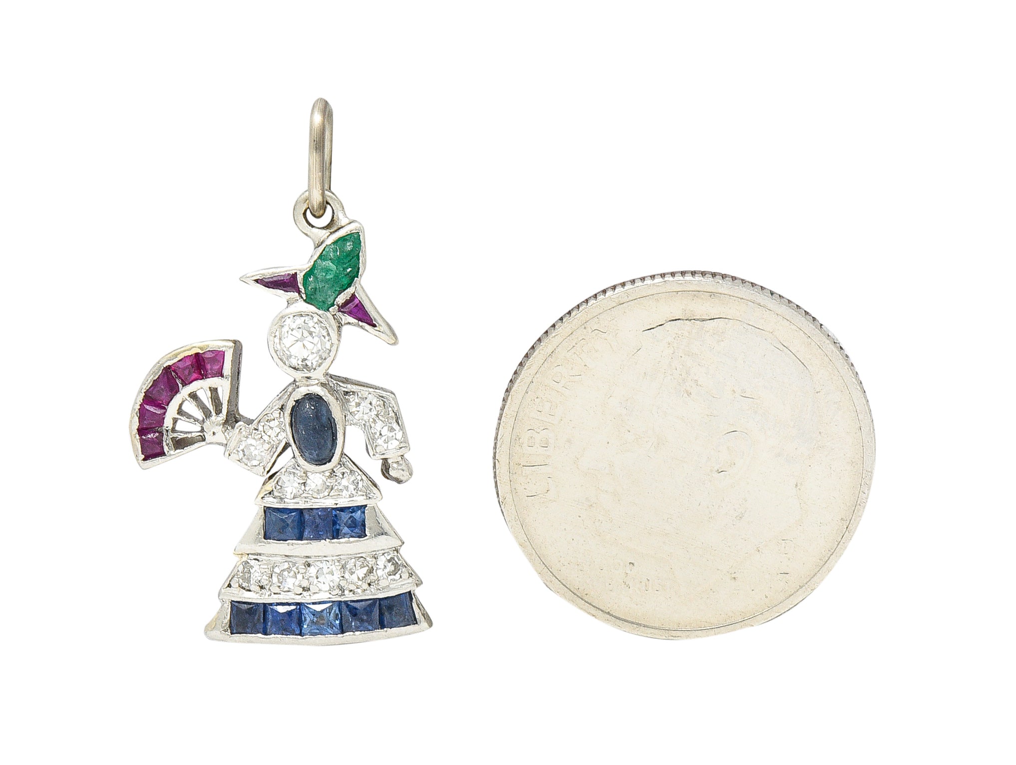 Art Deco Diamond Emerald Sapphire Ruby Platinum Flamenco Dancer Charm Wilson's Estate Jewelry