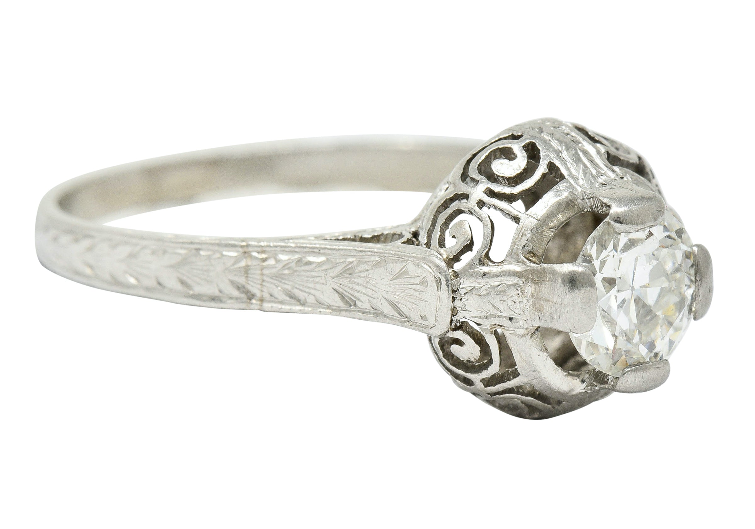 Art Deco 0.52 Carat Diamond Platinum Scrolled Foliate Engagement Ring - Wilson's Estate Jewelry