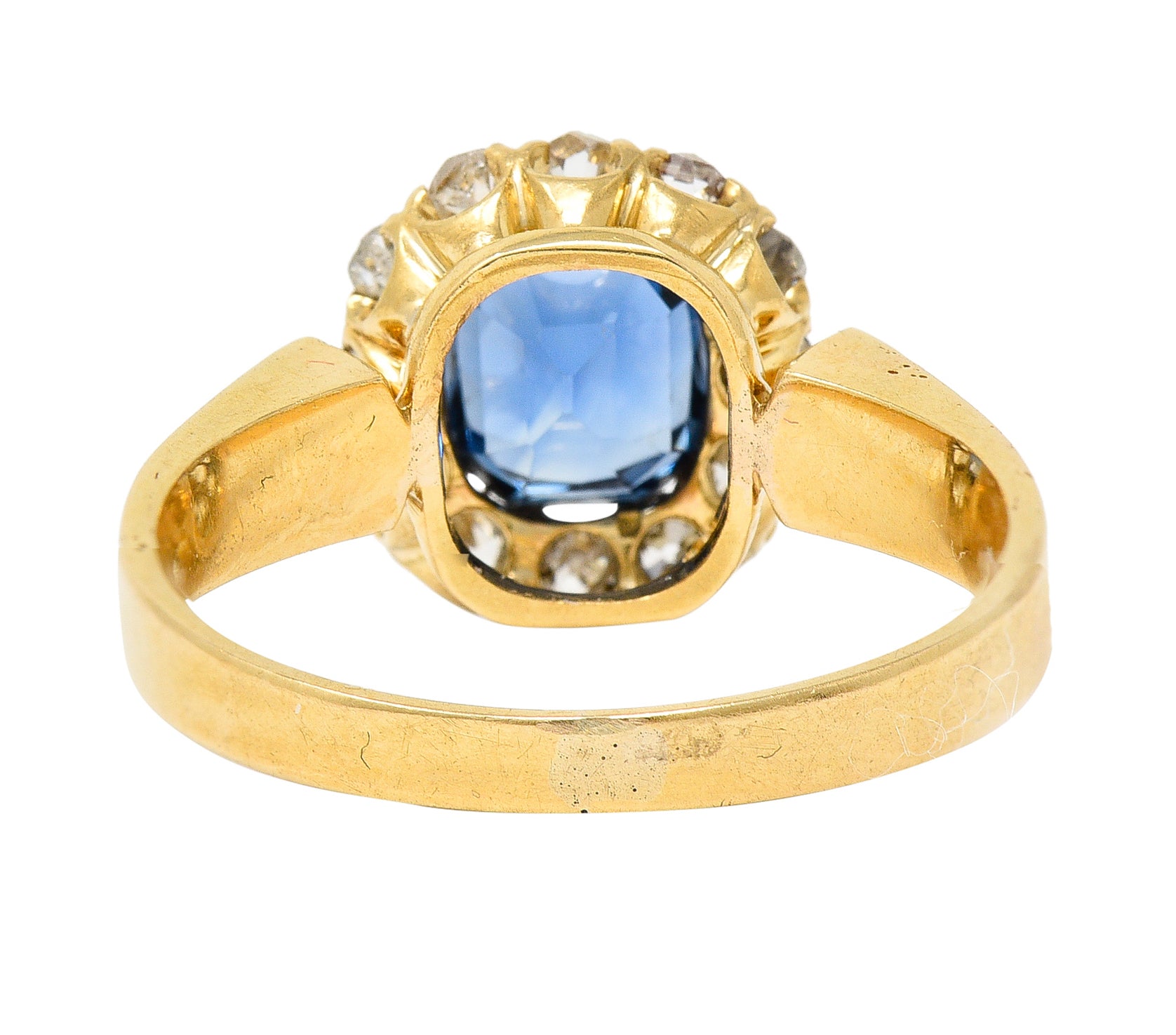 Victorian 1.80 CTW Cushion Cut No Heat Cambodian Sapphire Old Mine Cut Diamond 14 Karat Yellow Gold Antique Halo Ring GIA Wilson's Estate Jewelry