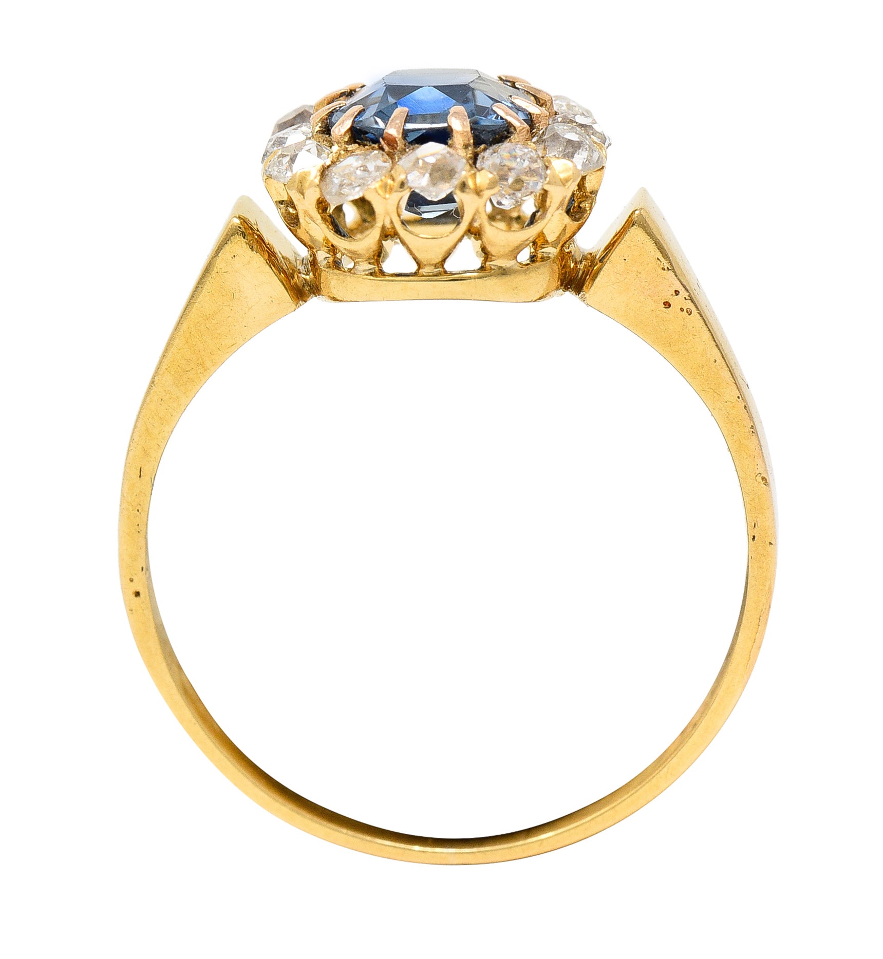 Victorian 1.80 CTW Cushion Cut No Heat Cambodian Sapphire Old Mine Cut Diamond 14 Karat Yellow Gold Antique Halo Ring GIA Wilson's Estate Jewelry