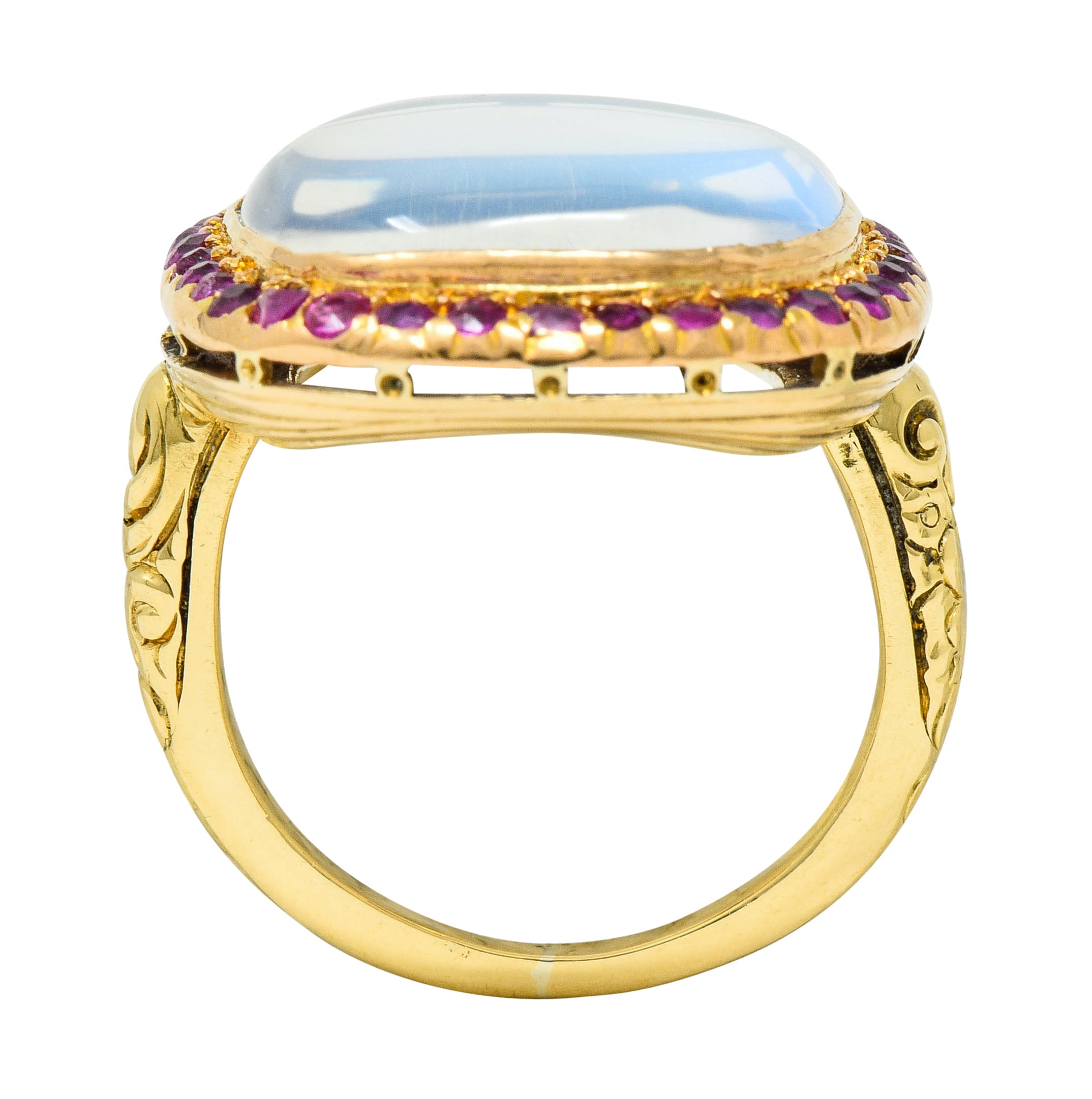 Victorian Moonstone Ruby 18 Karat Gold Cushion Cabochon Ring - Wilson's Estate Jewelry