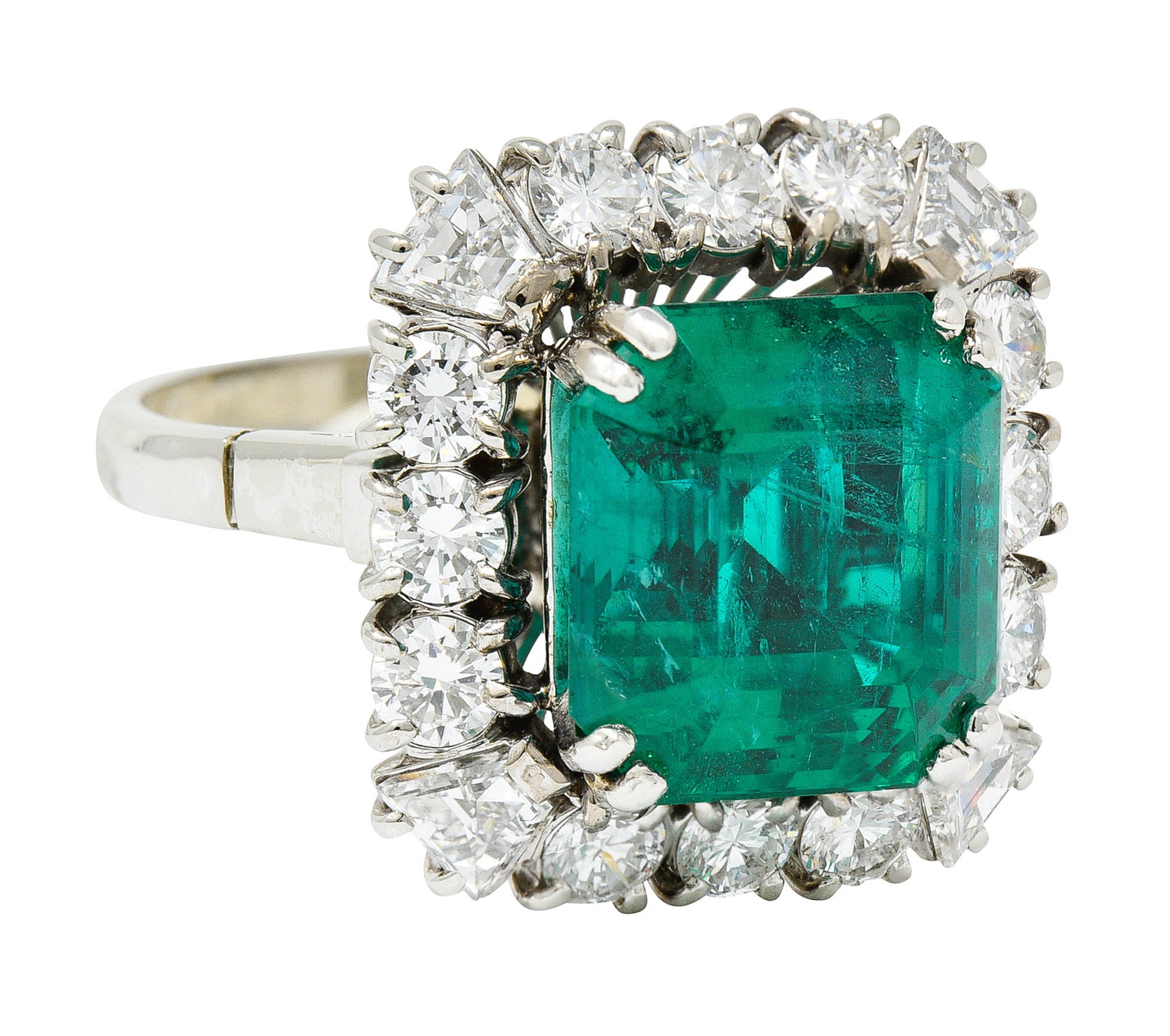 Outstanding 1950's Mid-Century Colombian Emerald Diamond 18 Karat White Cluster Ring AGLRing - Wilson's Estate Jewelry