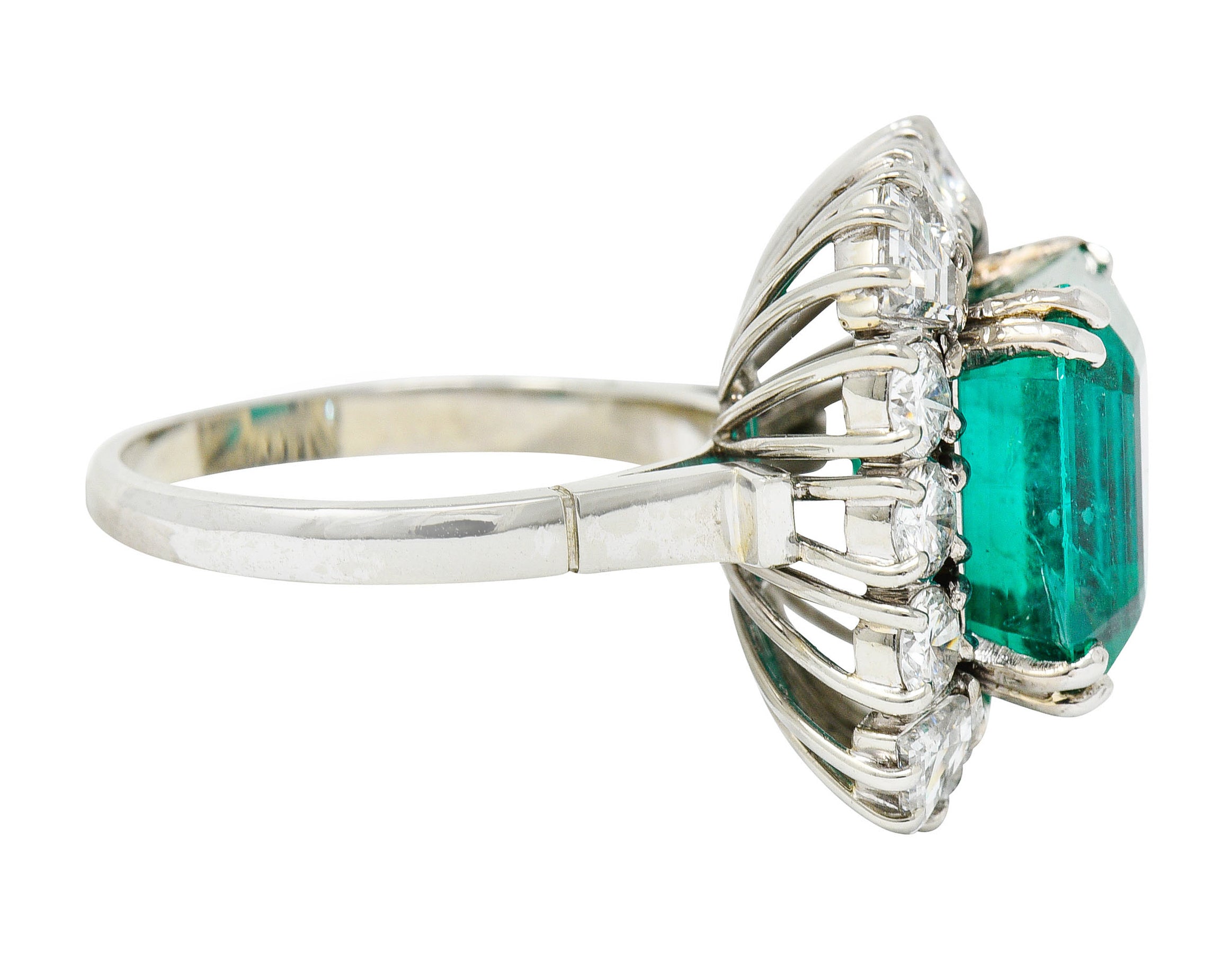 Outstanding 1950's Mid-Century Colombian Emerald Diamond 18 Karat White Cluster Ring AGLRing - Wilson's Estate Jewelry