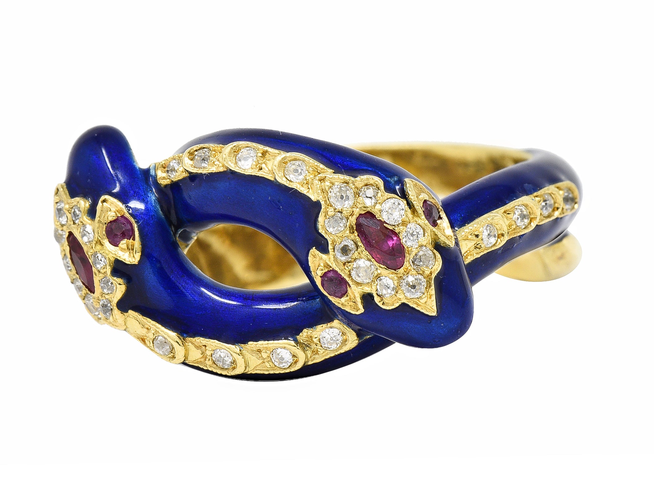 Victorian Ruby Diamond Blue Enamel 18 Karat Gold Antique Snake Antique Ring