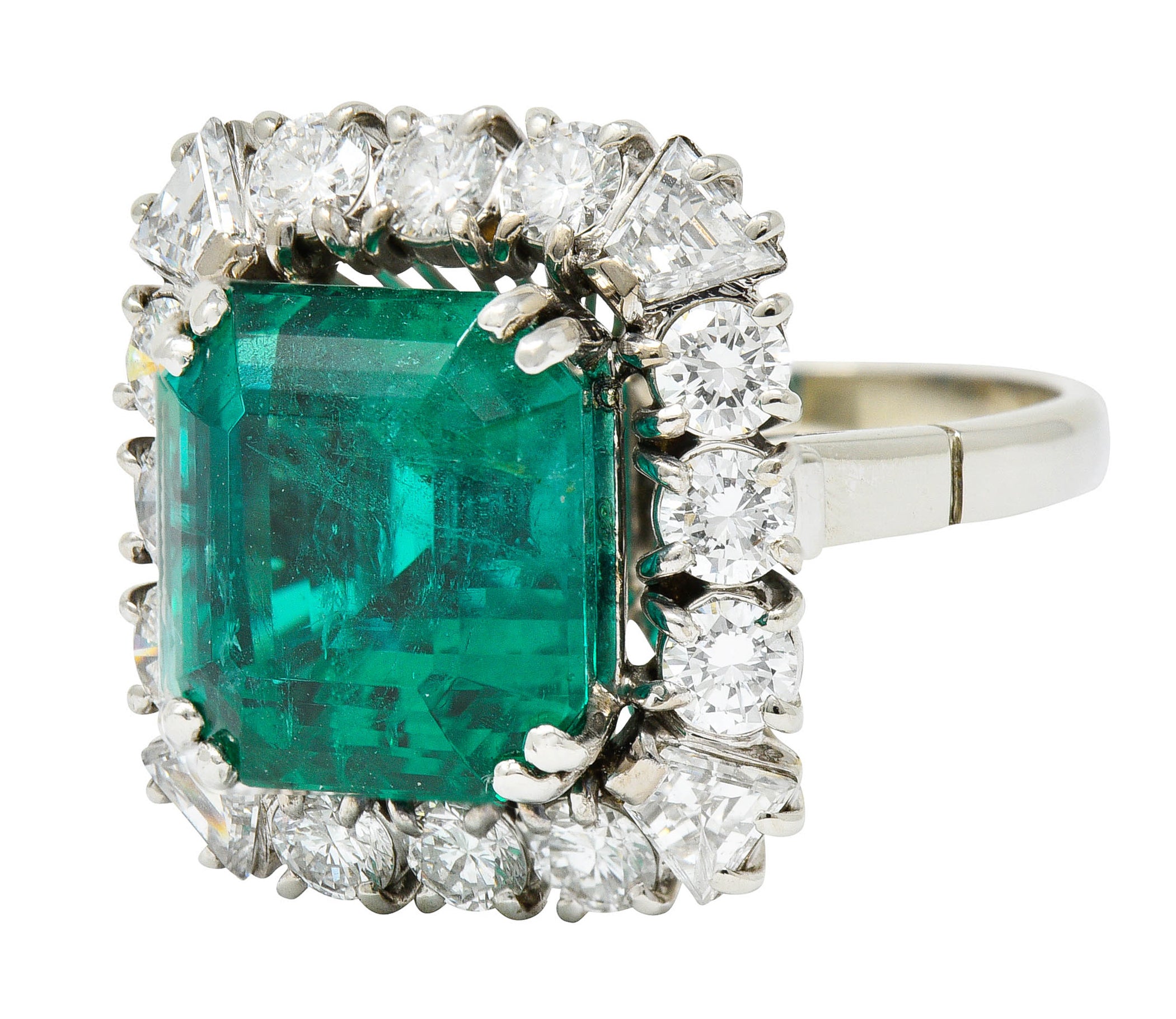 Outstanding 1950's Mid-Century Colombian Emerald Diamond 18 Karat White Cluster Ring AGLRing - Wilson's Estate Jewelry