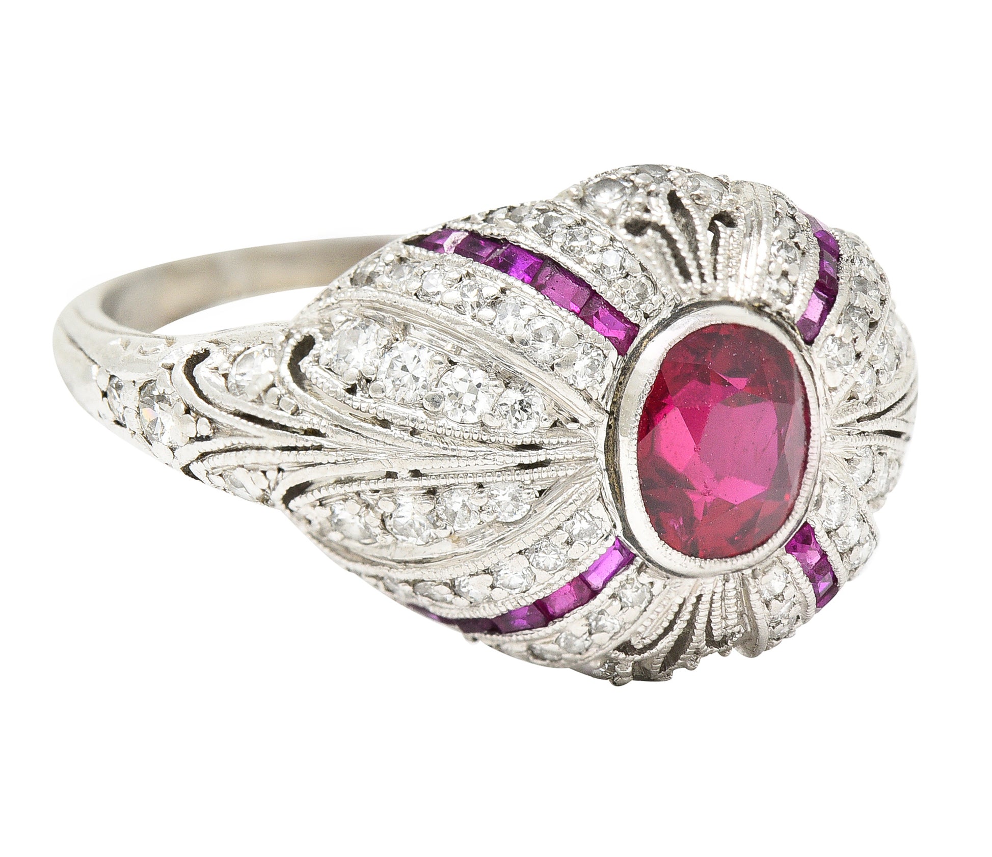 Tiffany & Co. Art Deco 2.15 CTW No Heat Ruby Diamond Platinum Bombé Ring GIA Wilson's Estate Jewelry