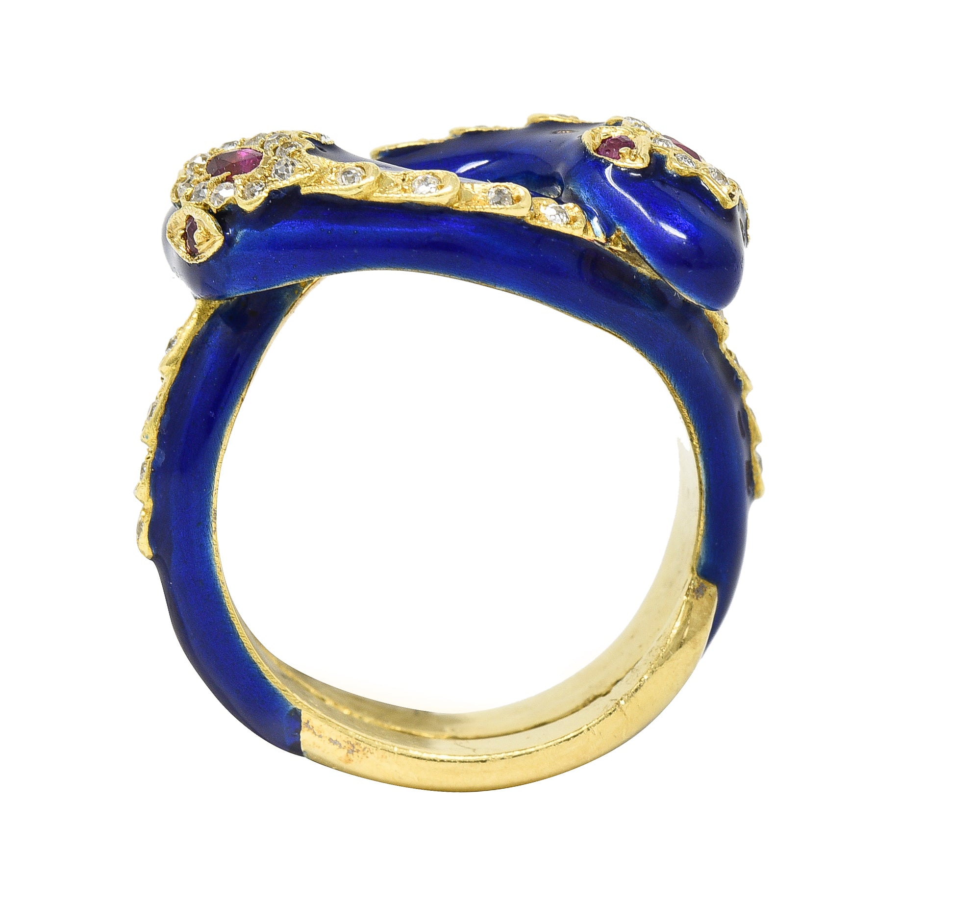 Victorian Ruby Diamond Blue Enamel 18 Karat Gold Antique Snake Antique Ring