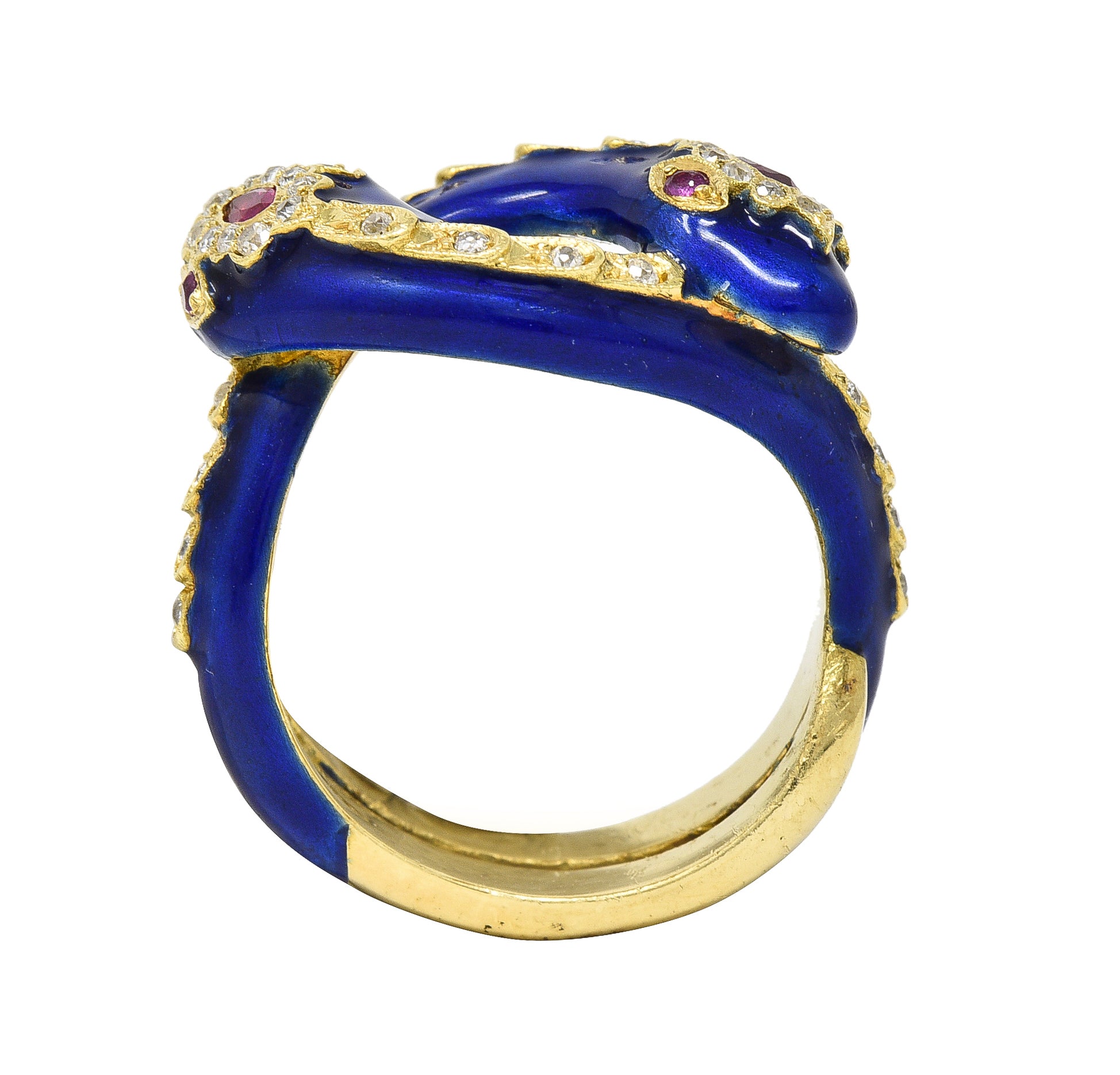 Victorian Ruby Diamond Blue Enamel 18 Karat Gold Antique Snake Antique Ring