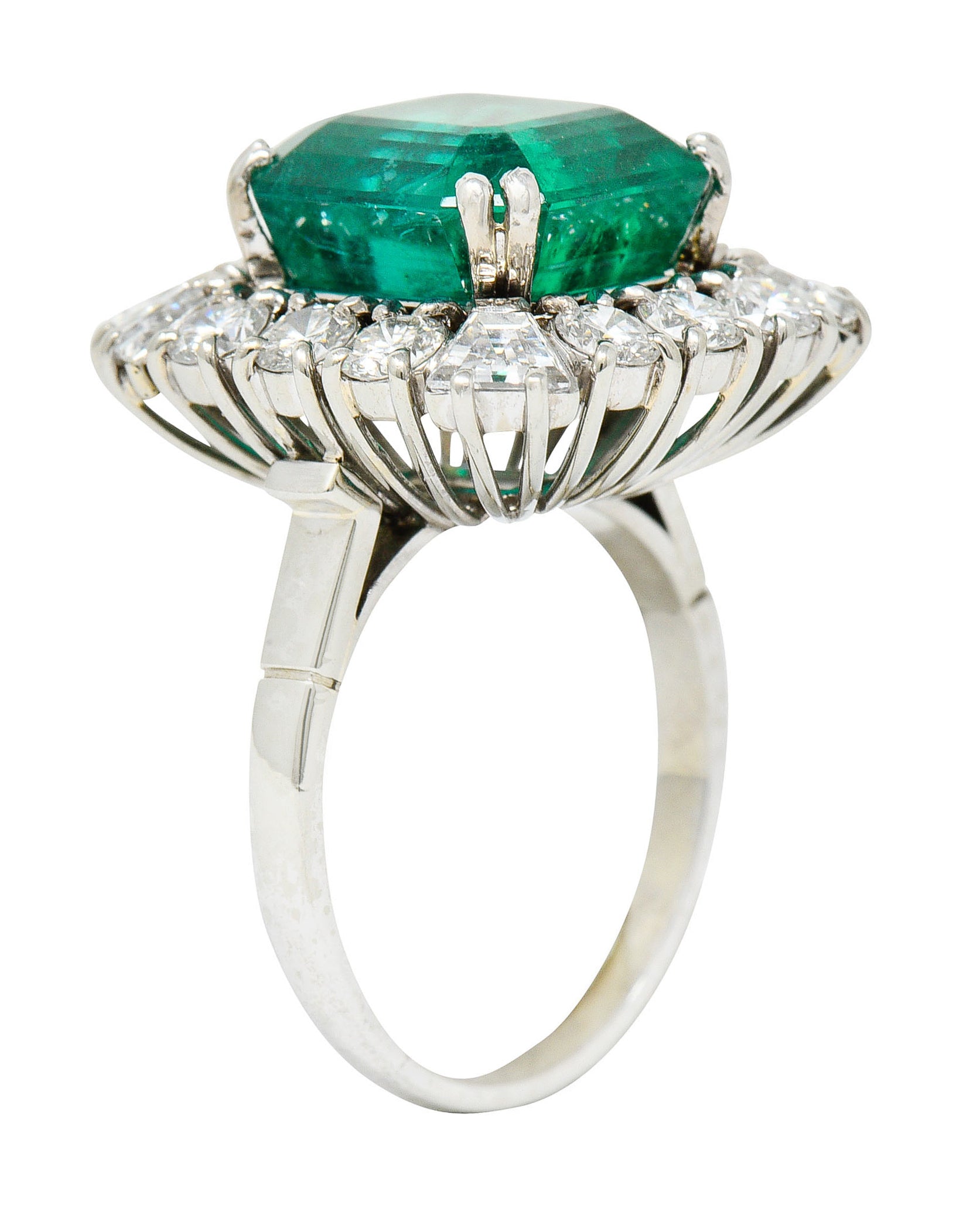 Outstanding 1950's Mid-Century Colombian Emerald Diamond 18 Karat White Cluster Ring AGLRing - Wilson's Estate Jewelry