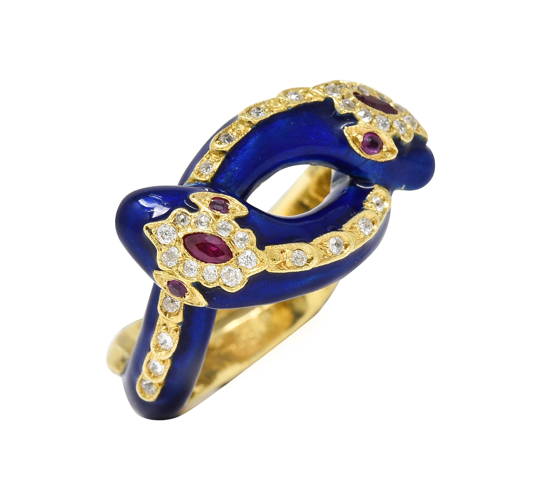 Victorian Ruby Diamond Blue Enamel 18 Karat Gold Antique Snake Antique Ring