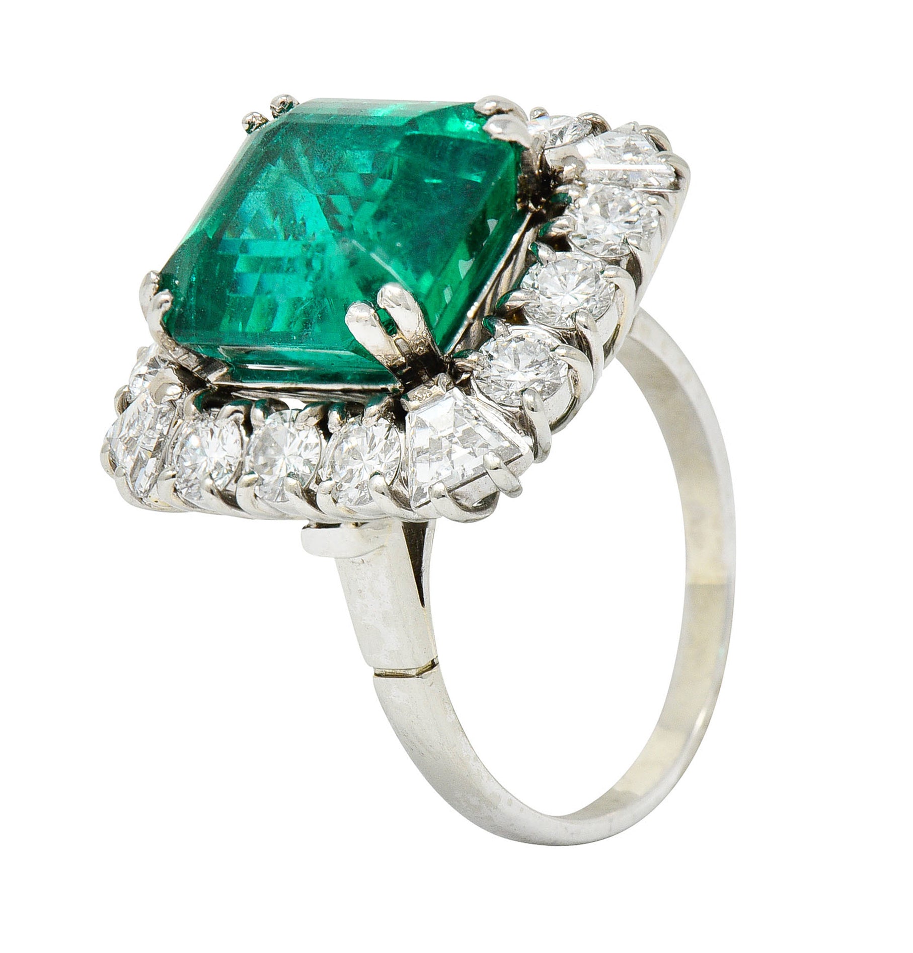 Outstanding 1950's Mid-Century Colombian Emerald Diamond 18 Karat White Cluster Ring AGLRing - Wilson's Estate Jewelry