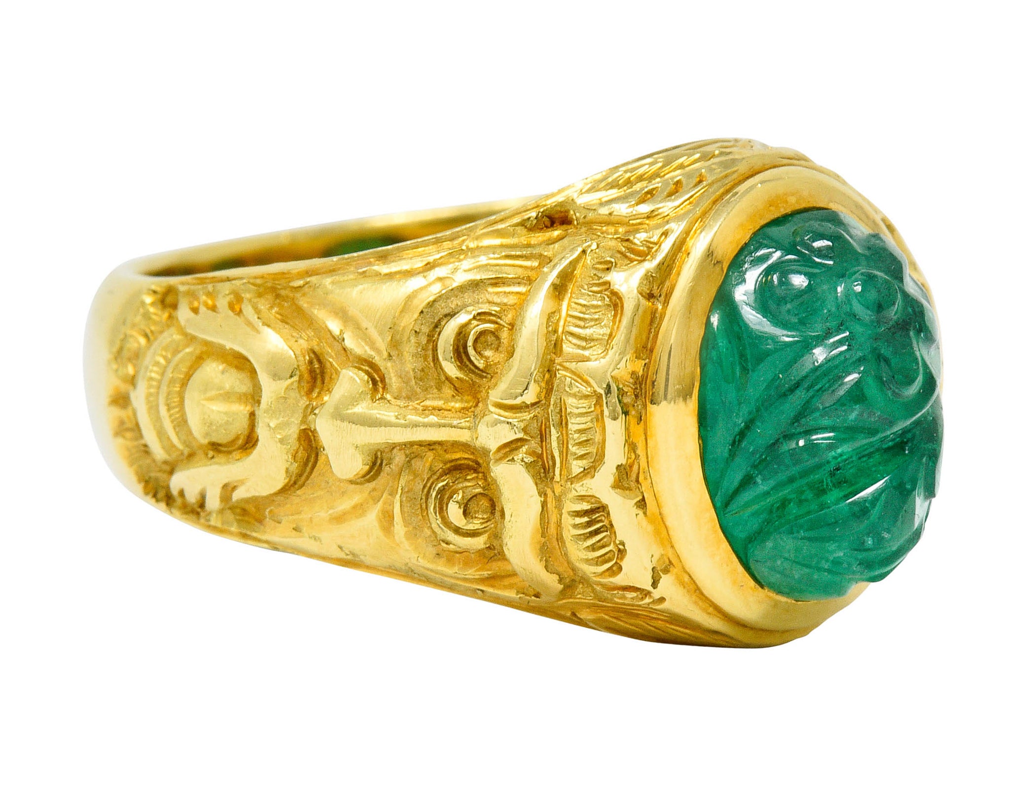 Vintage Carved Emerald 18 Karat Gold Green Man Men’s Unisex RingRing - Wilson's Estate Jewelry