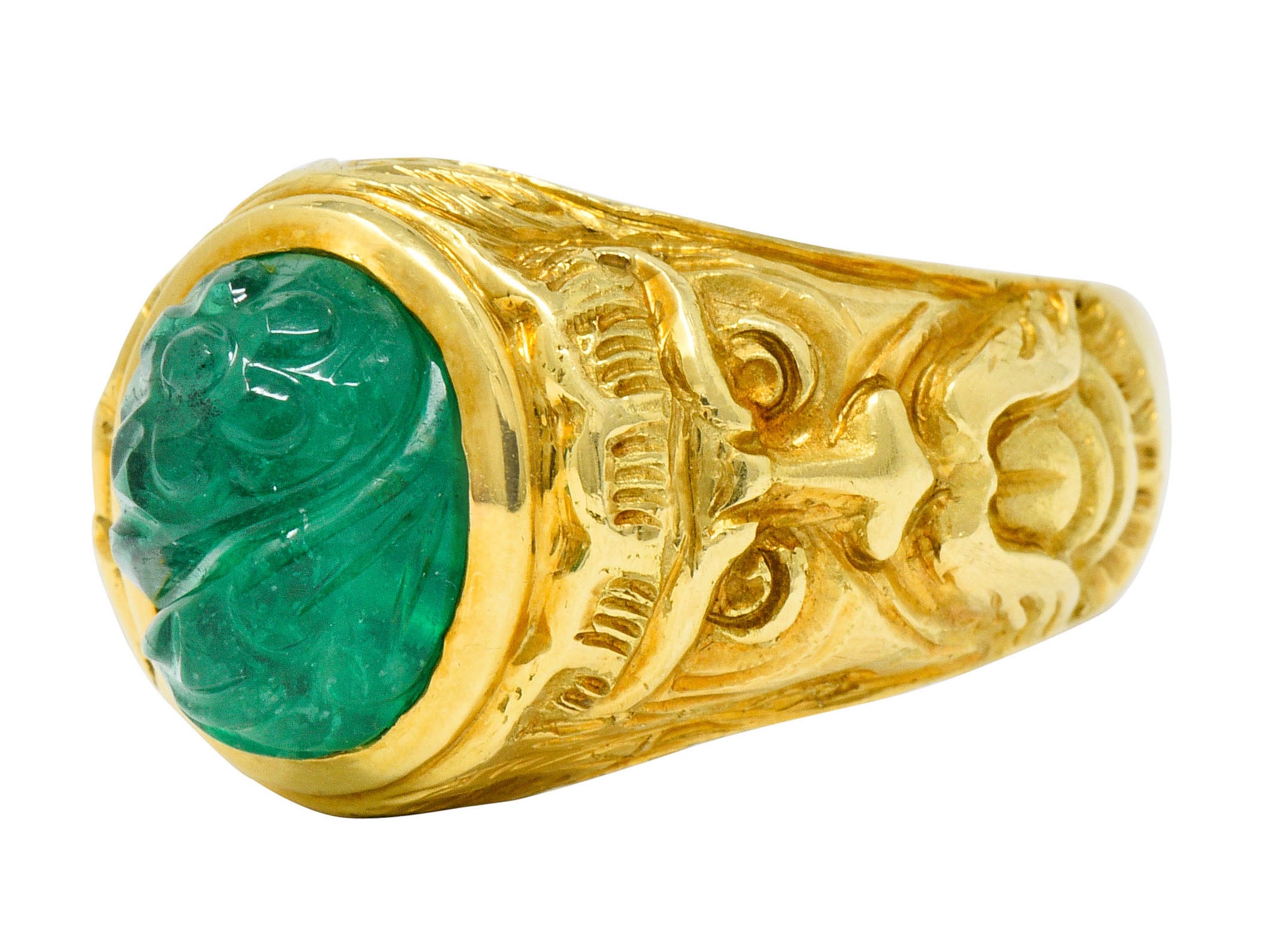 Vintage Carved Emerald 18 Karat Gold Green Man Men’s Unisex RingRing - Wilson's Estate Jewelry