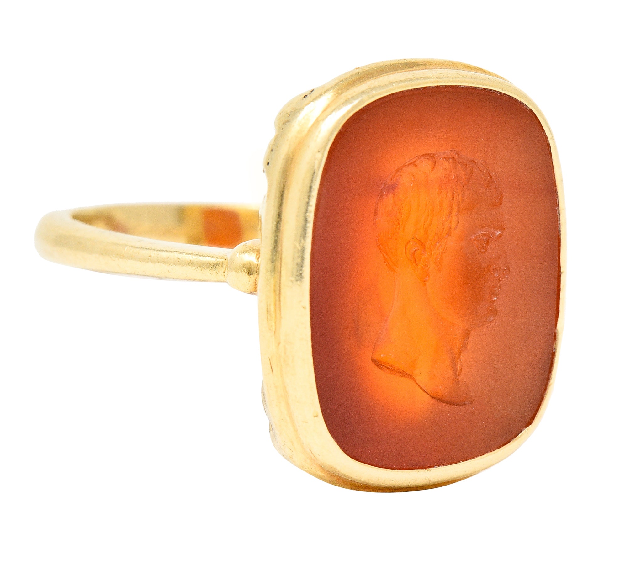 Hellenistic Victorian Carnelian Intaglio 14 Karat Yellow Gold Unisex Julius Caesar Antique Signet Ring Wilson's Estate Jewelry