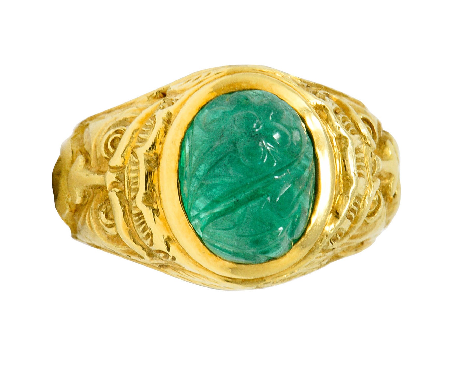 Vintage Carved Emerald 18 Karat Gold Green Man Men’s Unisex RingRing - Wilson's Estate Jewelry