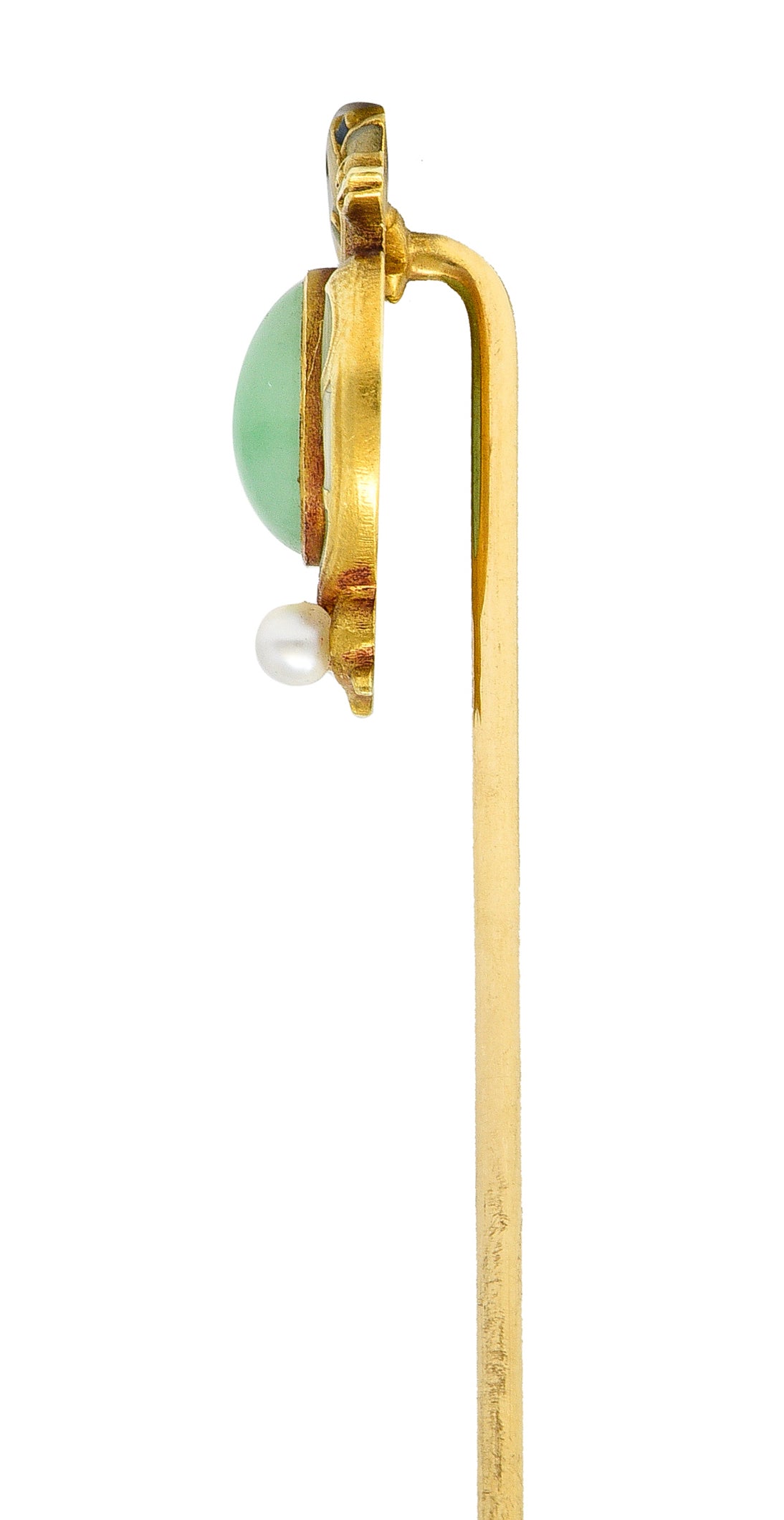 .11111 Whiteside & Blank Art Nouveau Jade Pearl Basse-Taille Enamel 14 Karat Yellow Gold Lotus Serpent Antique Stickpin Wilson's Estate Jewelry