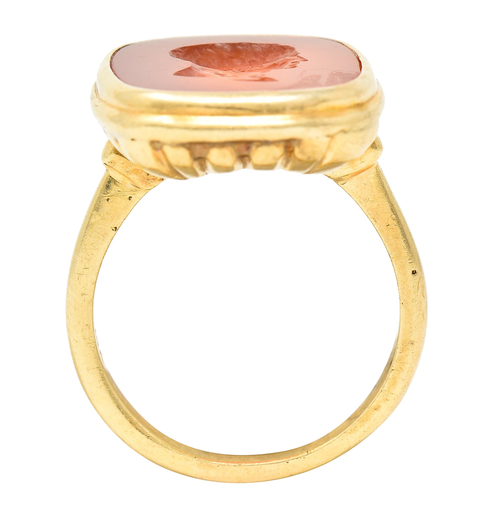 Hellenistic Victorian Carnelian Intaglio 14 Karat Yellow Gold Unisex Julius Caesar Antique Signet Ring Wilson's Estate Jewelry