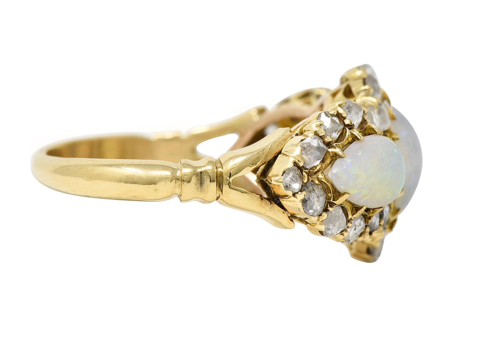 Victorian Opal Diamond 18 Karat Gold Three Stone Antique Halo Cluster Ring