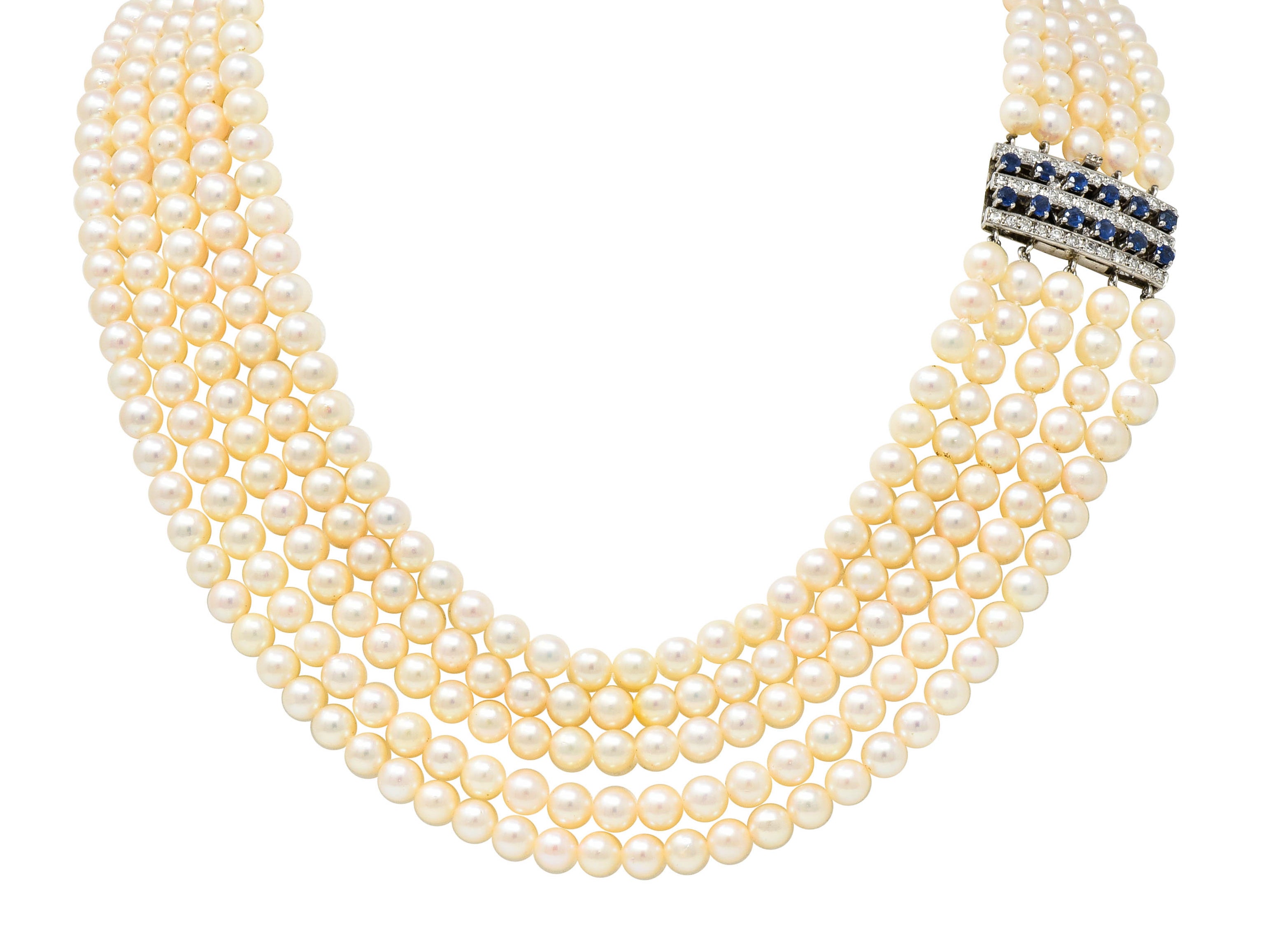 1960's Pearl Sapphire 18 Karat White Gold Five Strand Necklace - Wilson's Estate Jewelry