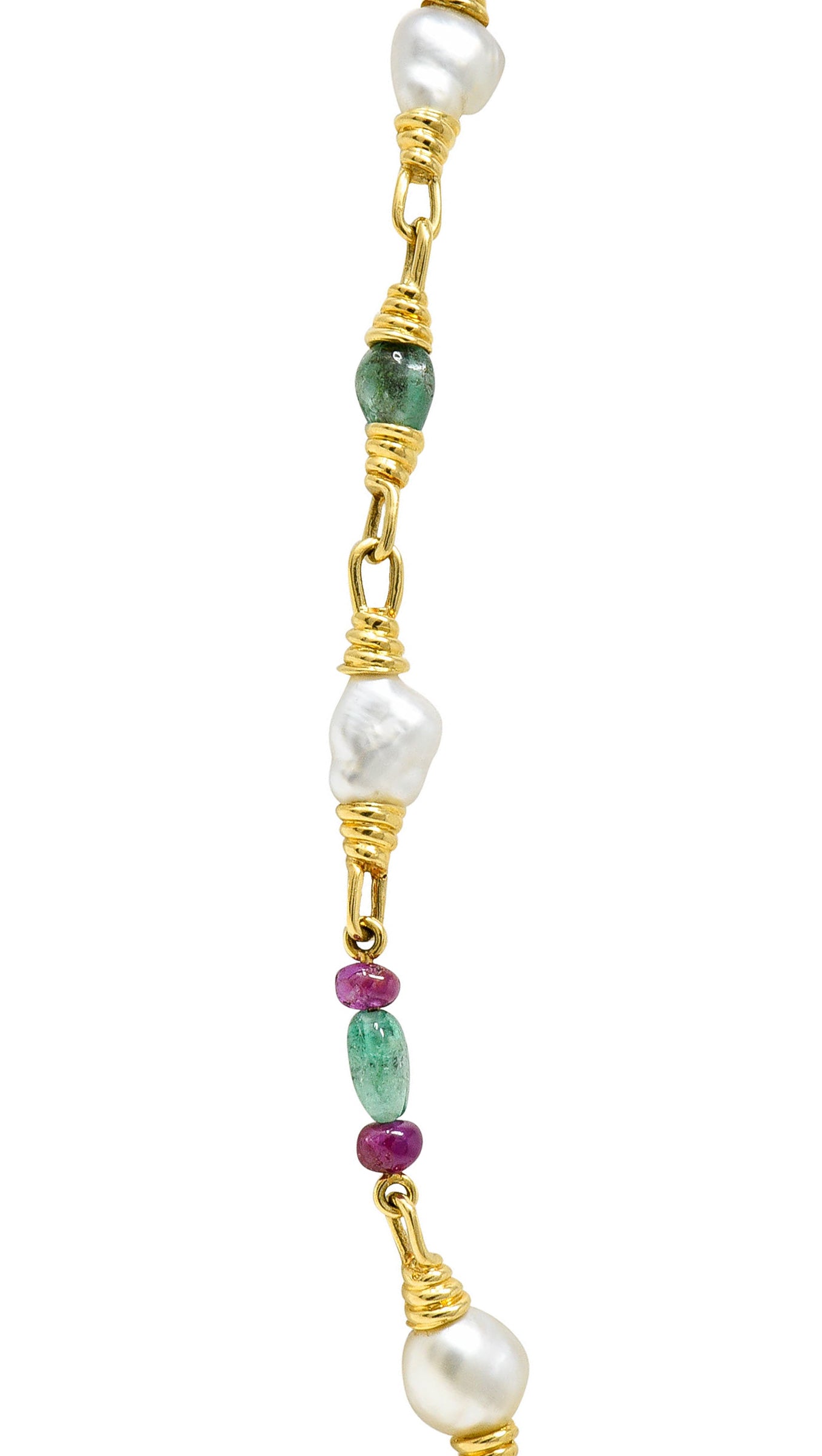 1970's David Webb Baroque Pearl Ruby Emerald 18 Karat Gold Gemstone NecklaceNecklace - Wilson's Estate Jewelry