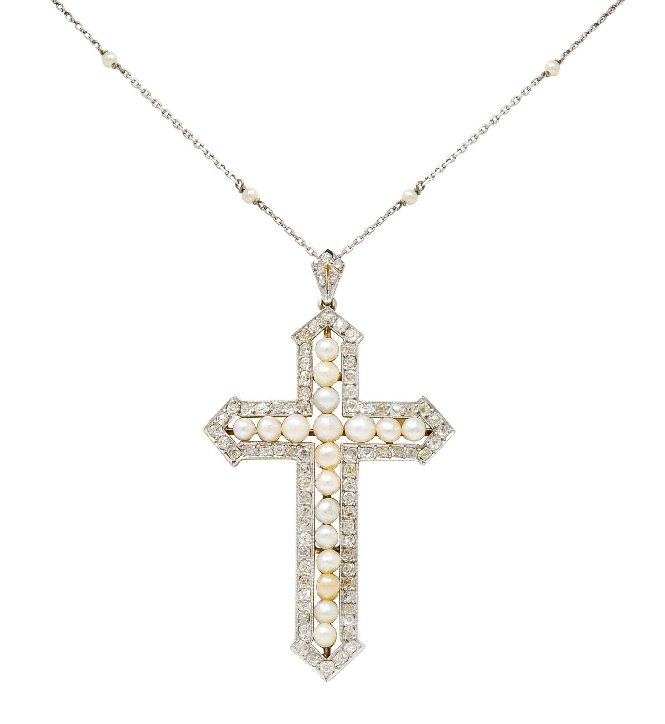 Edwardian 3.00 CTW Diamond Pearl Platinum-Topped 18 Karat Gold Cross Pendant Necklace - Wilson's Estate Jewelry