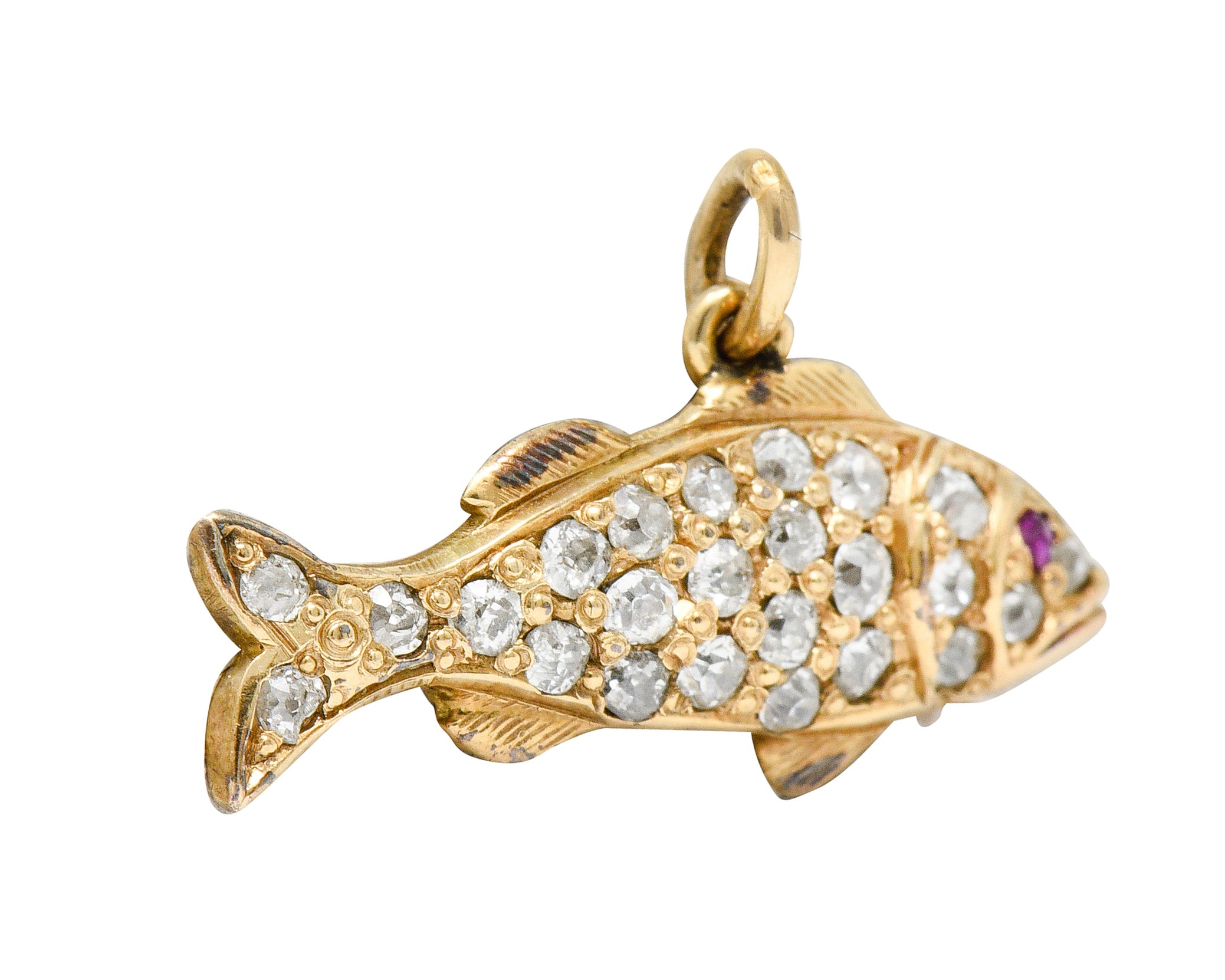 Art Nouveau Pave Diamond Ruby 14 Karat Gold Fish Charmcharm - Wilson's Estate Jewelry