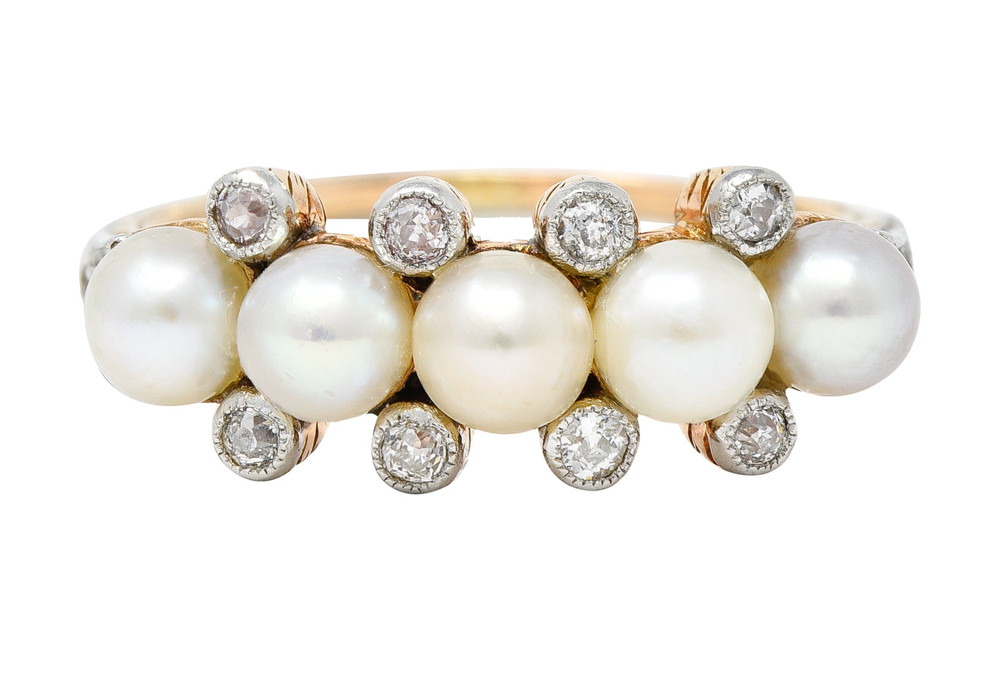 Edwardian Pearl Diamond Platinum-Topped 14 Karat Yellow Gold Antique Band Ring Wilson's Estate Jewelry