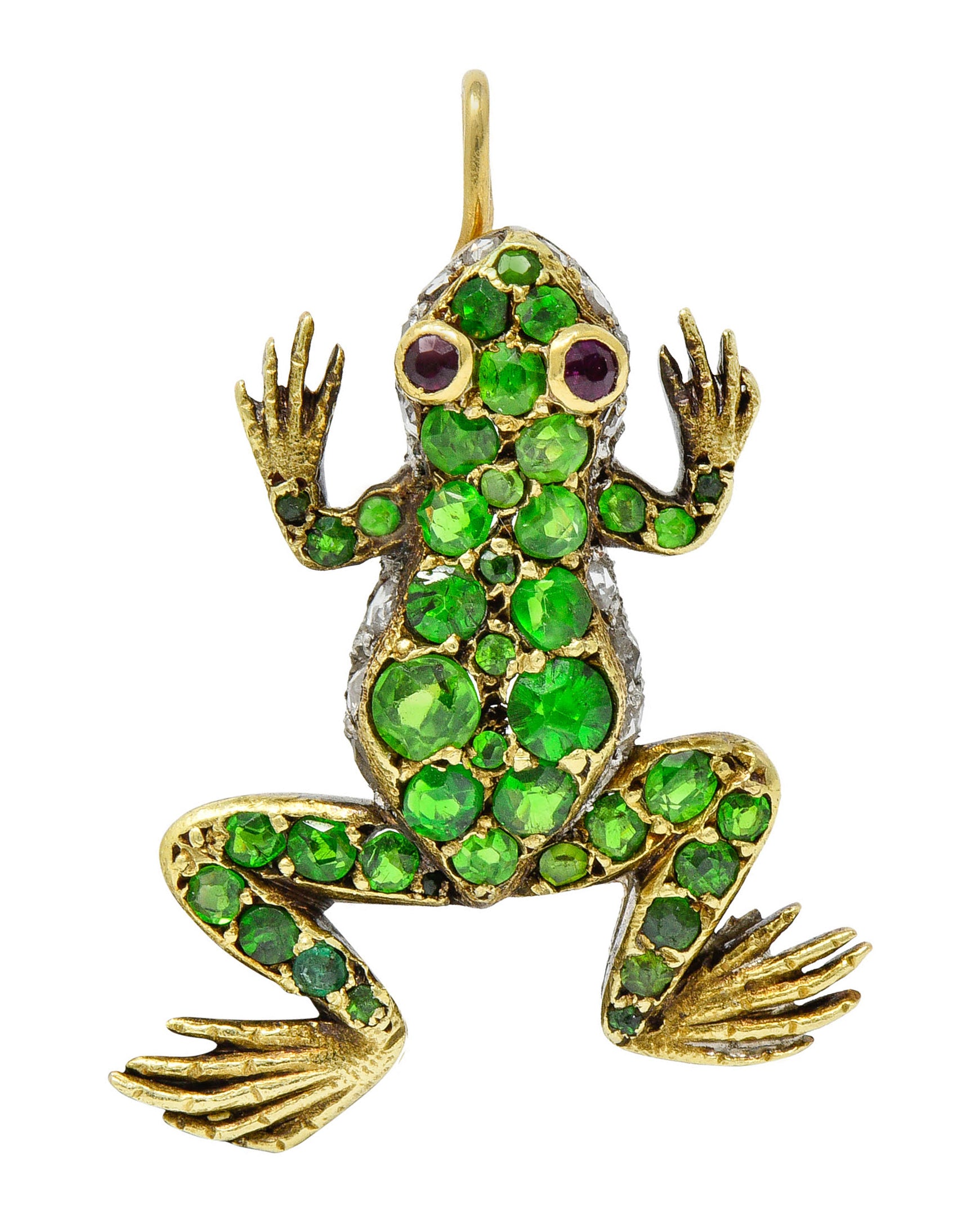 Edwardian Demantoid Garnet Diamond Platinum-Topped 18 Karat Gold Frog Charmcharm - Wilson's Estate Jewelry