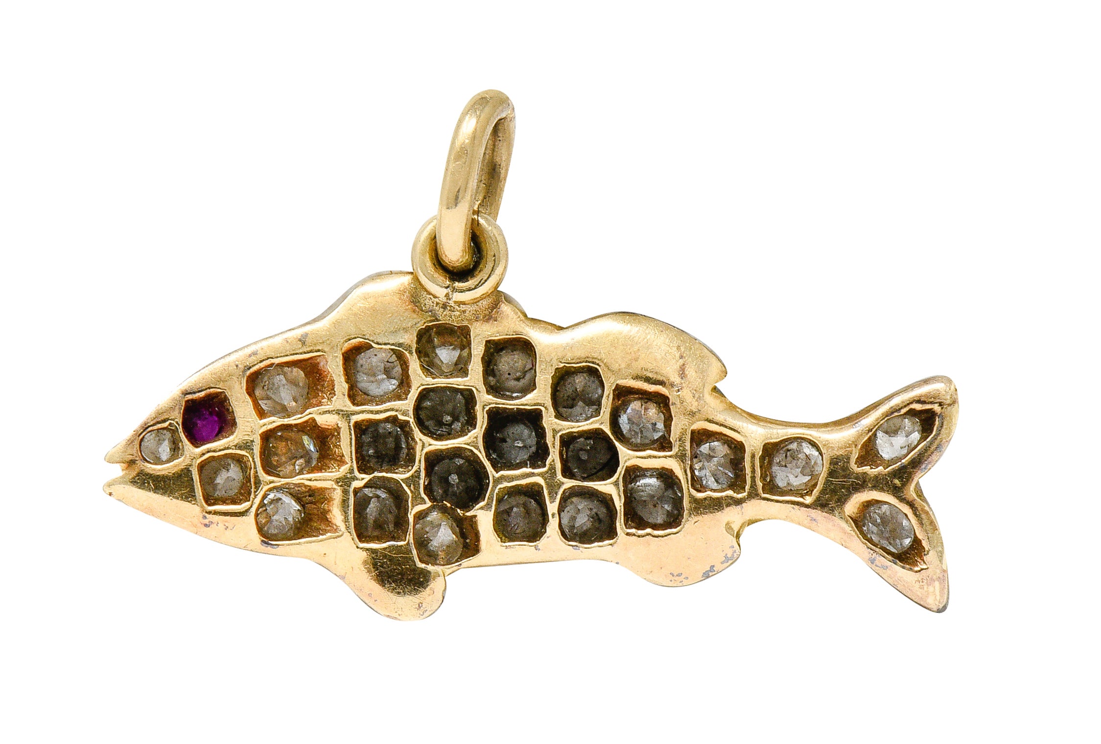 Art Nouveau Pave Diamond Ruby 14 Karat Gold Fish Charmcharm - Wilson's Estate Jewelry