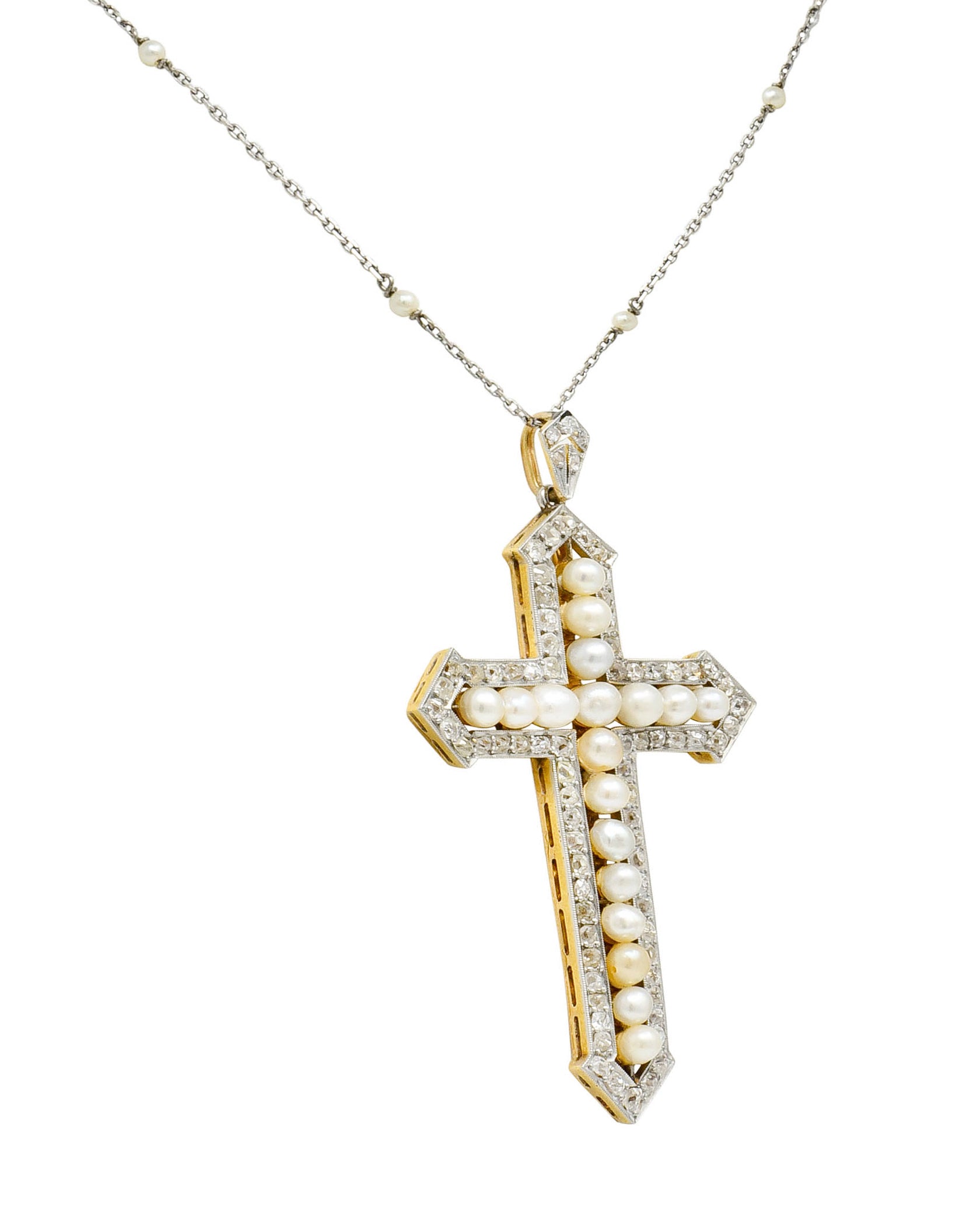 Edwardian 3.00 CTW Diamond Pearl Platinum-Topped 18 Karat Gold Cross Pendant Necklace - Wilson's Estate Jewelry