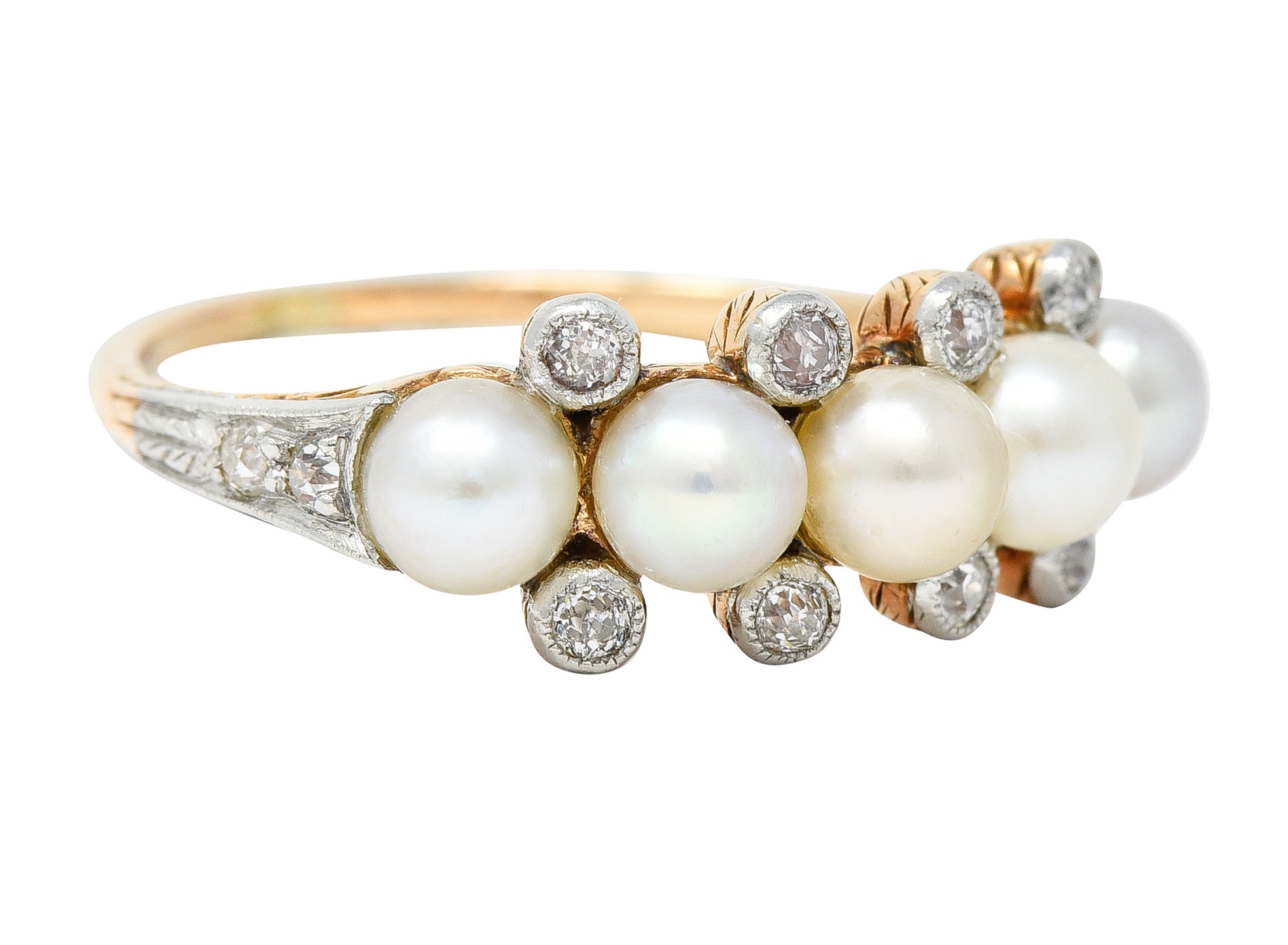 Edwardian Pearl Diamond Platinum-Topped 14 Karat Yellow Gold Antique Band Ring Wilson's Estate Jewelry