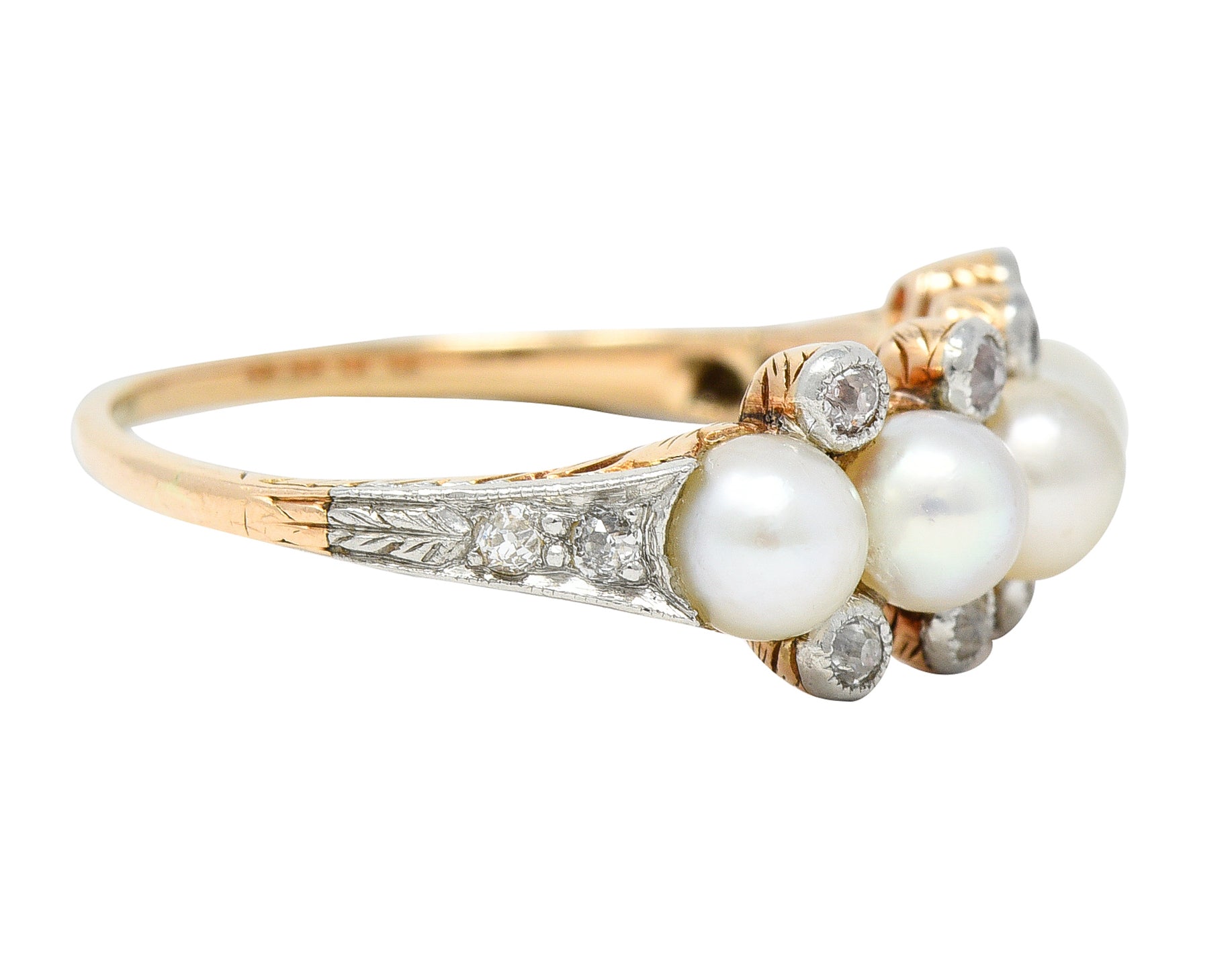 Edwardian Pearl Diamond Platinum-Topped 14 Karat Yellow Gold Antique Band Ring Wilson's Estate Jewelry